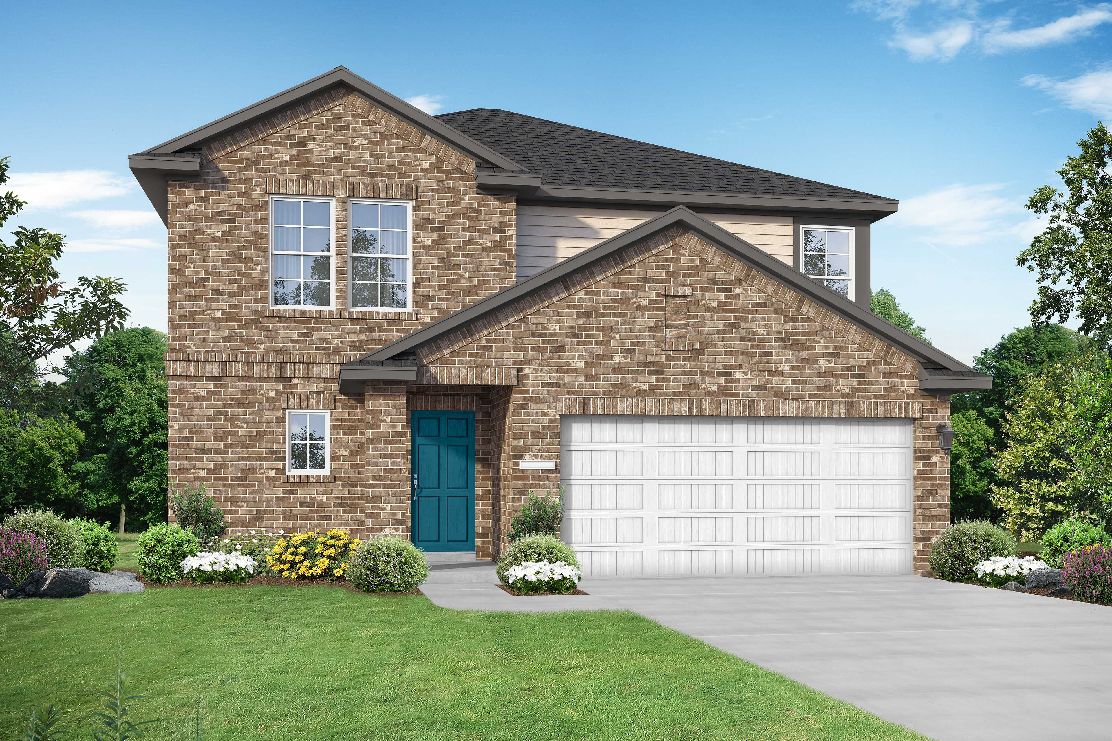 Exterior of The Tierra A, a two-story home with landscaping