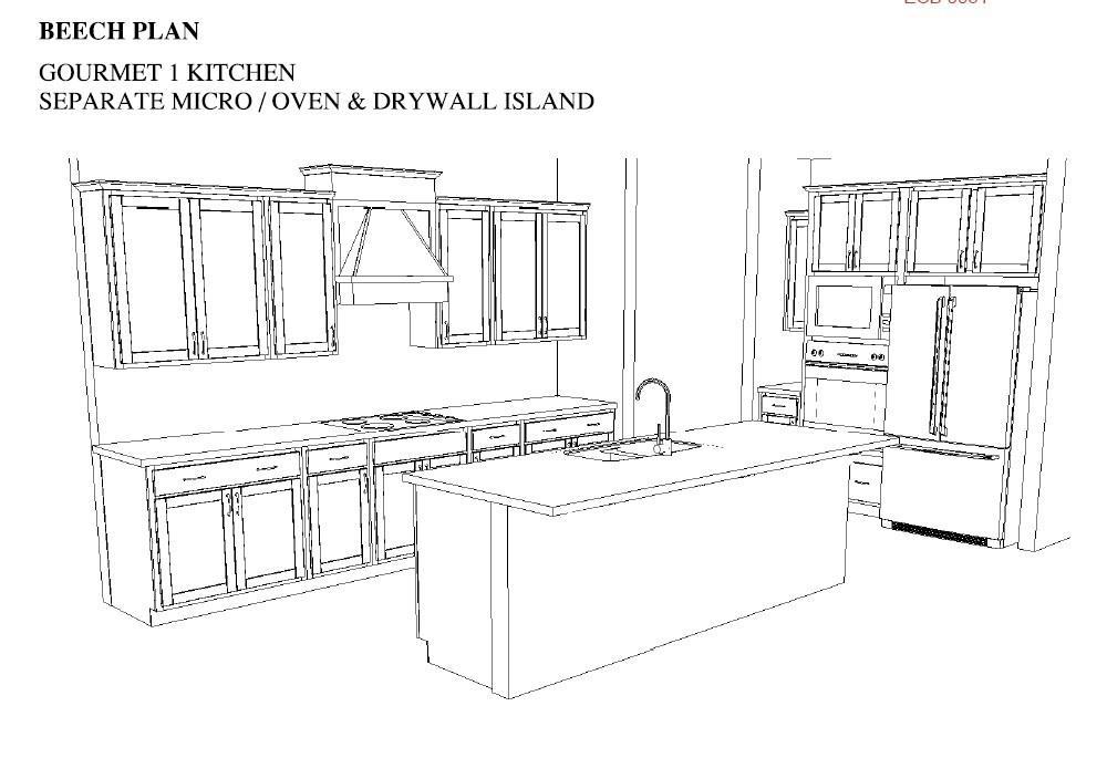 Gourmet kitchen featuring separate microwave, oven and large drywall island in Davidson Homes Beech B plan, Belmont NC