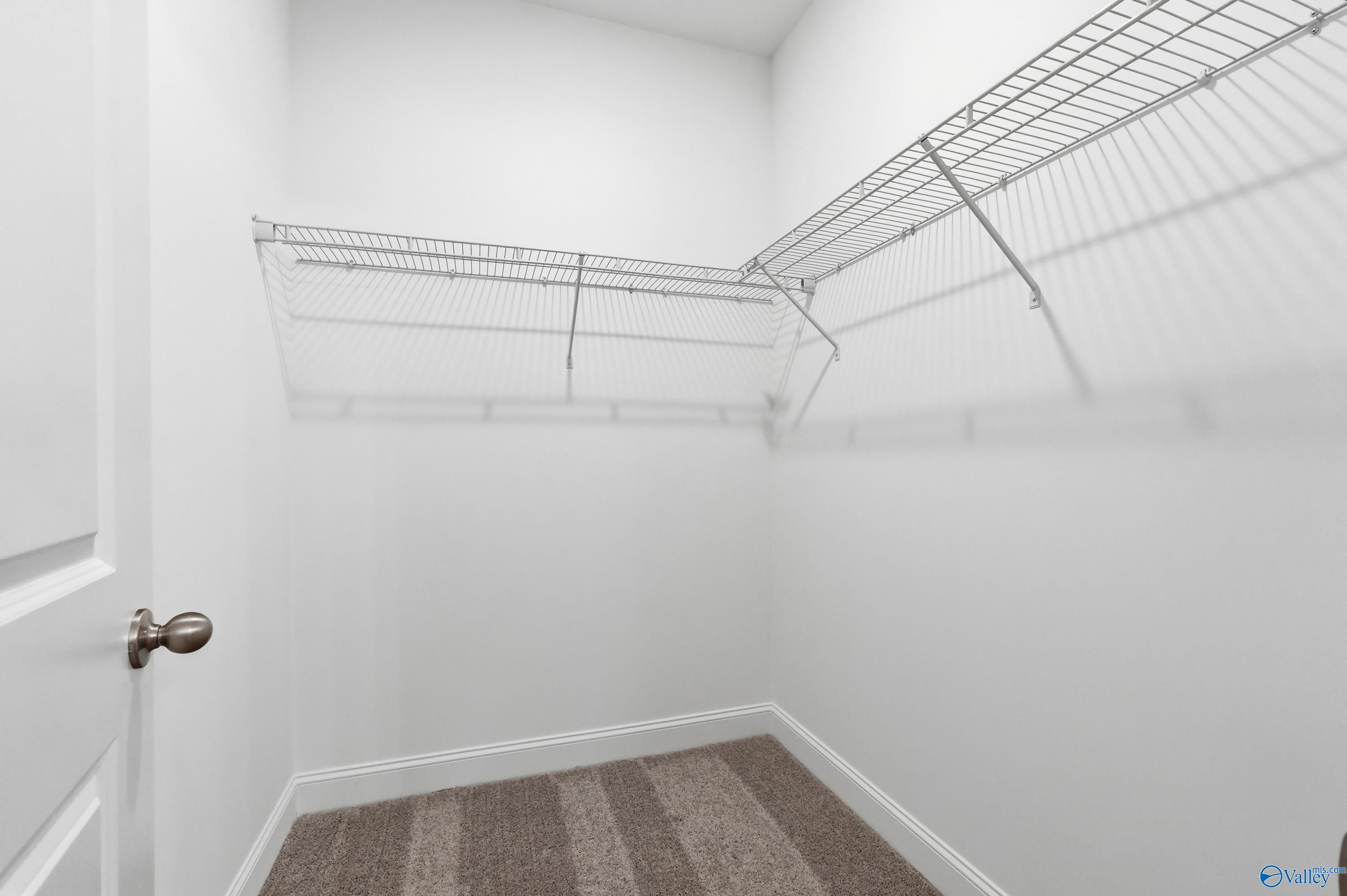 Spacious walk-in closet with wire shelving and carpet floor in master suite, The Asheville by Davidson Homes, Huntsville AL
