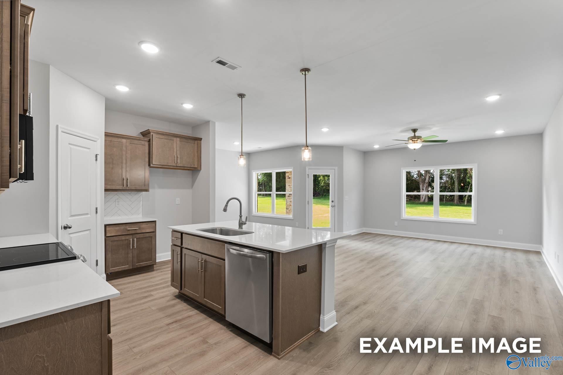 Open-concept kitchen with quartz island, stainless appliances, and large backyard windows in The Daphne C 4-bedroom home, Arab, Alabama
