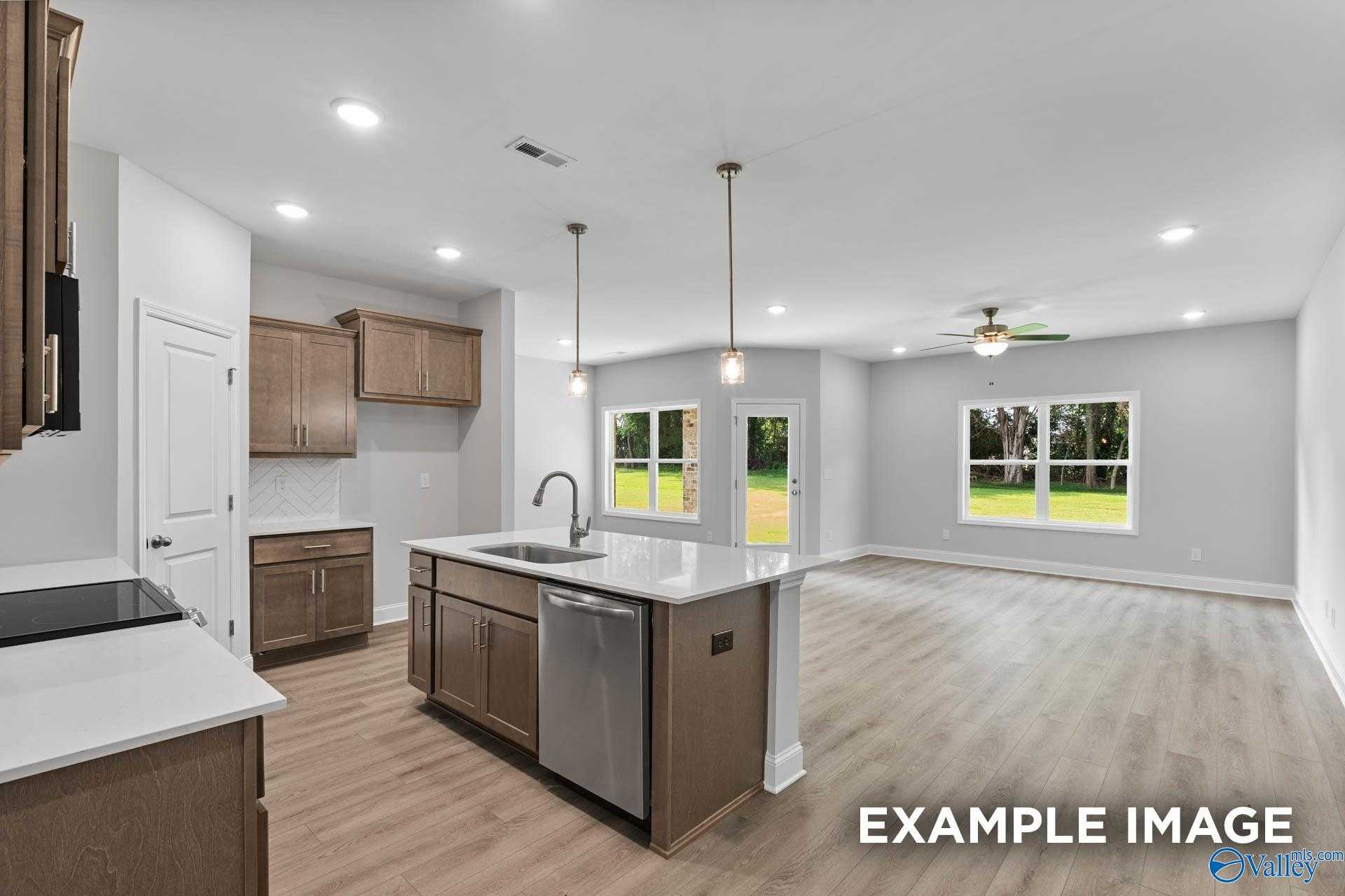 Open-concept kitchen with quartz island, stainless appliances, and large backyard windows in The Daphne C 4-bedroom home, Arab, Alabama