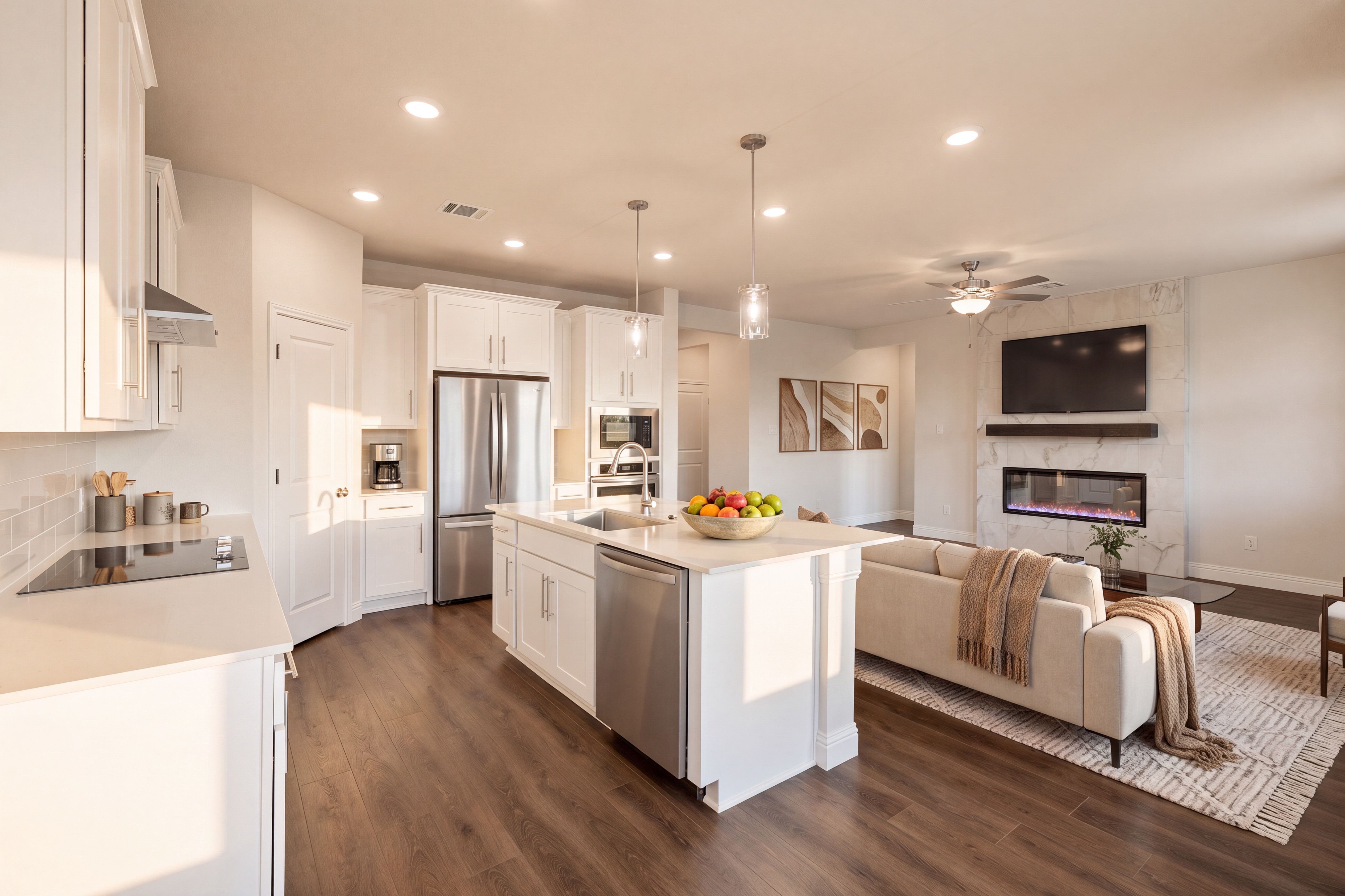 Open concept living and kitchen area with dark flooring, white cabinets and fireplace located in Josephine, TX