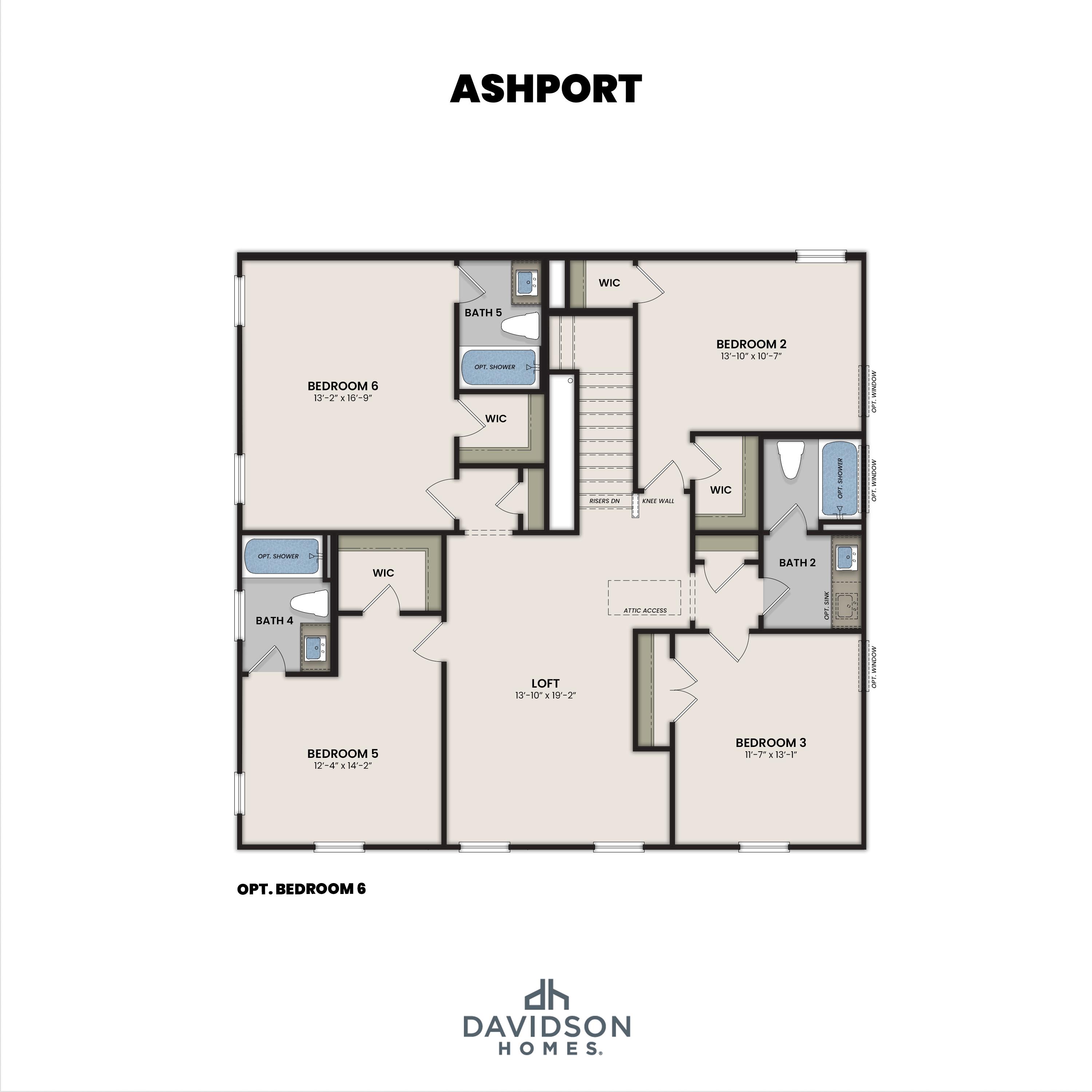Second-floor layout of The Ashport by Davidson Homes featuring a spacious loft and optional sixth bedroom.