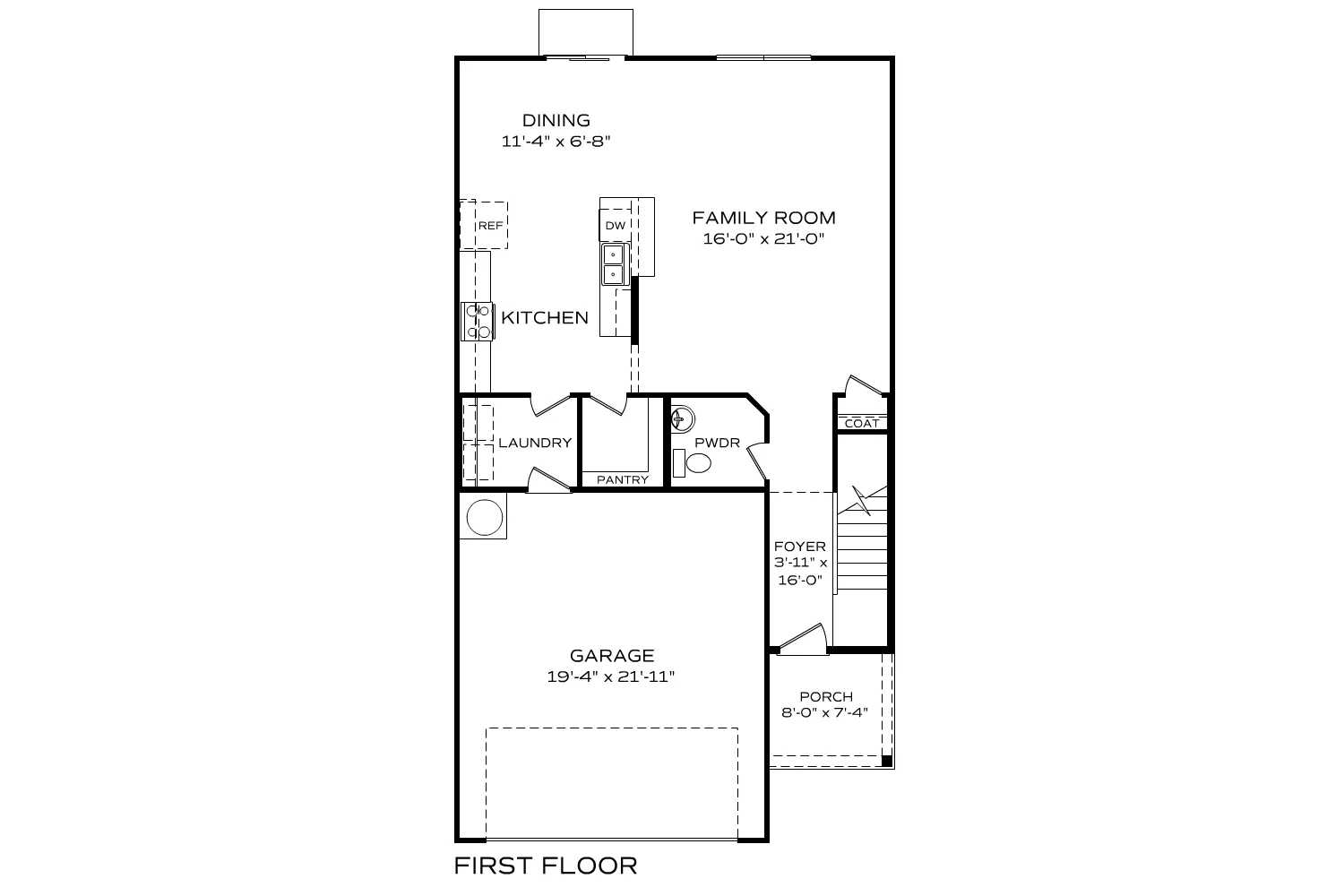 First floor plan of The Bartlett: open kitchen, family room, dining area, laundry, pantry, two-car garage, and porch by Davidson Homes