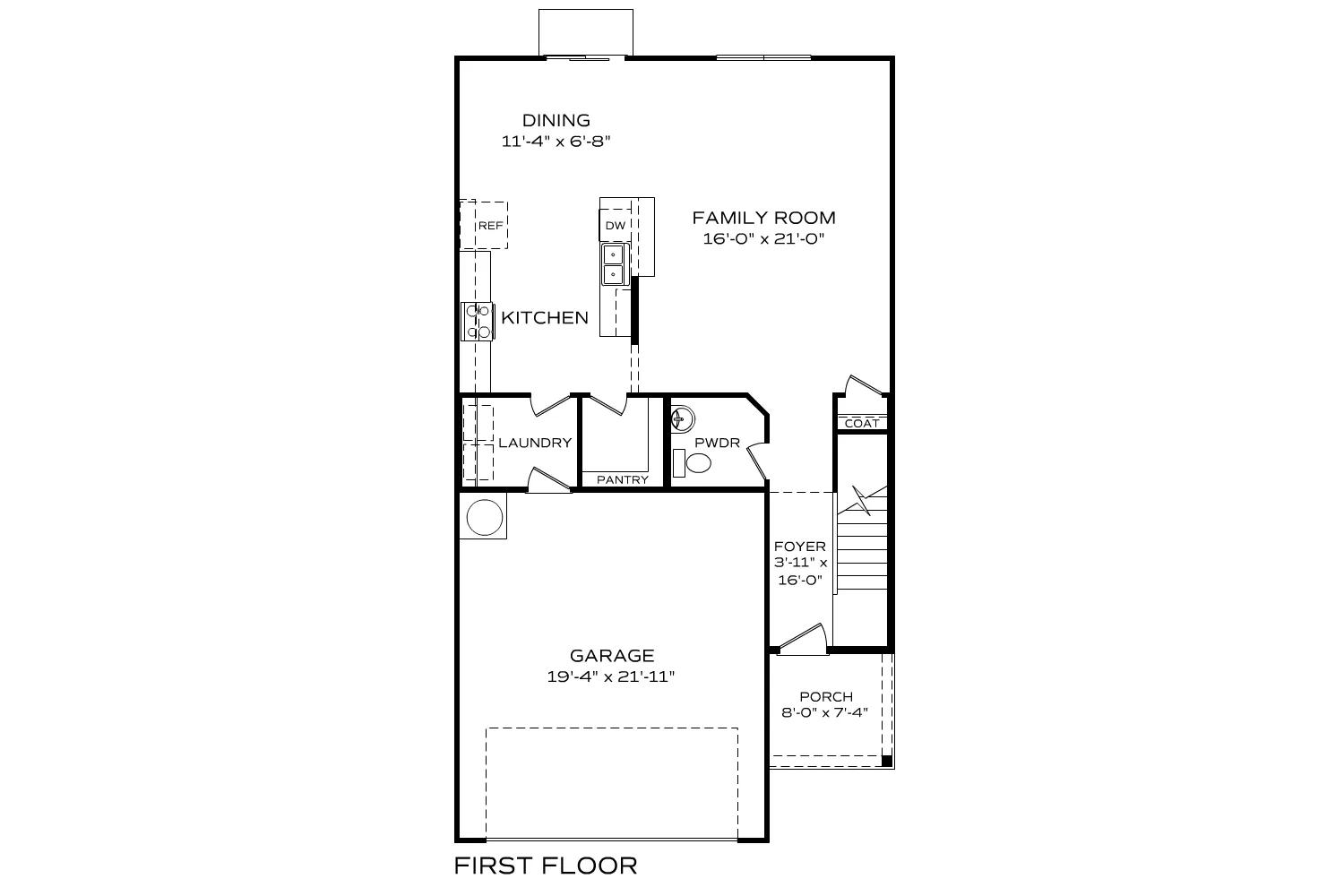 First floor plan of The Bartlett: open kitchen, family room, dining area, laundry, pantry, two-car garage, and porch by Davidson Homes