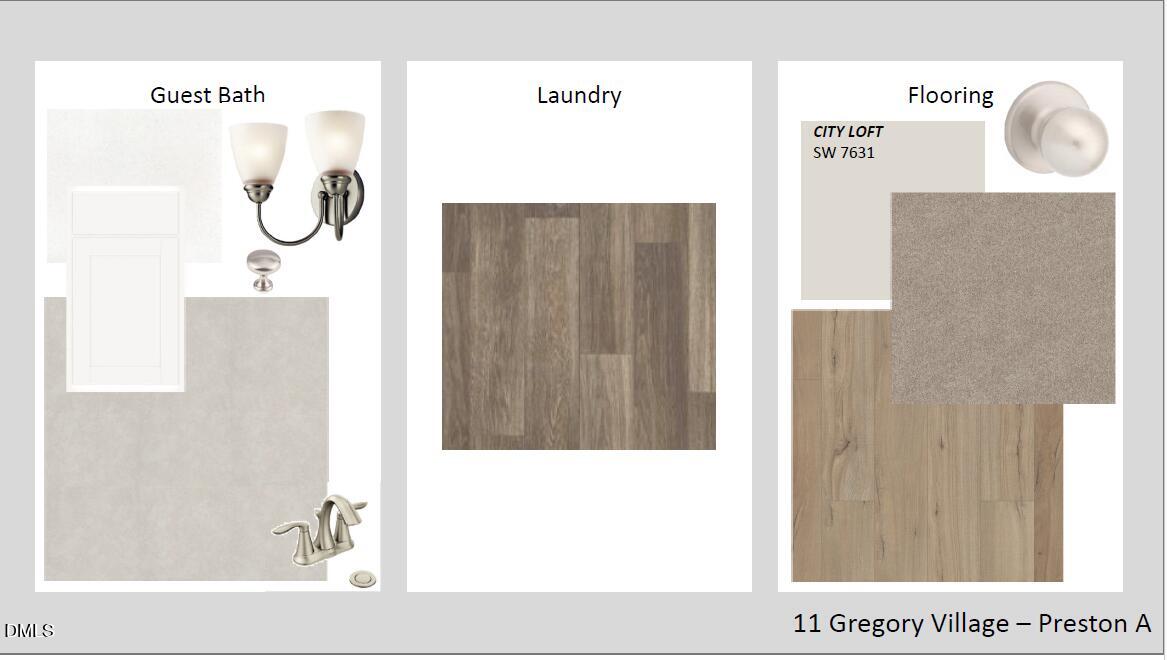 Guest bath sconces and faucet, laundry hardwood flooring, SW 7104 and 7641 swatches for Preston A in Gregory Village, Lillington, NC