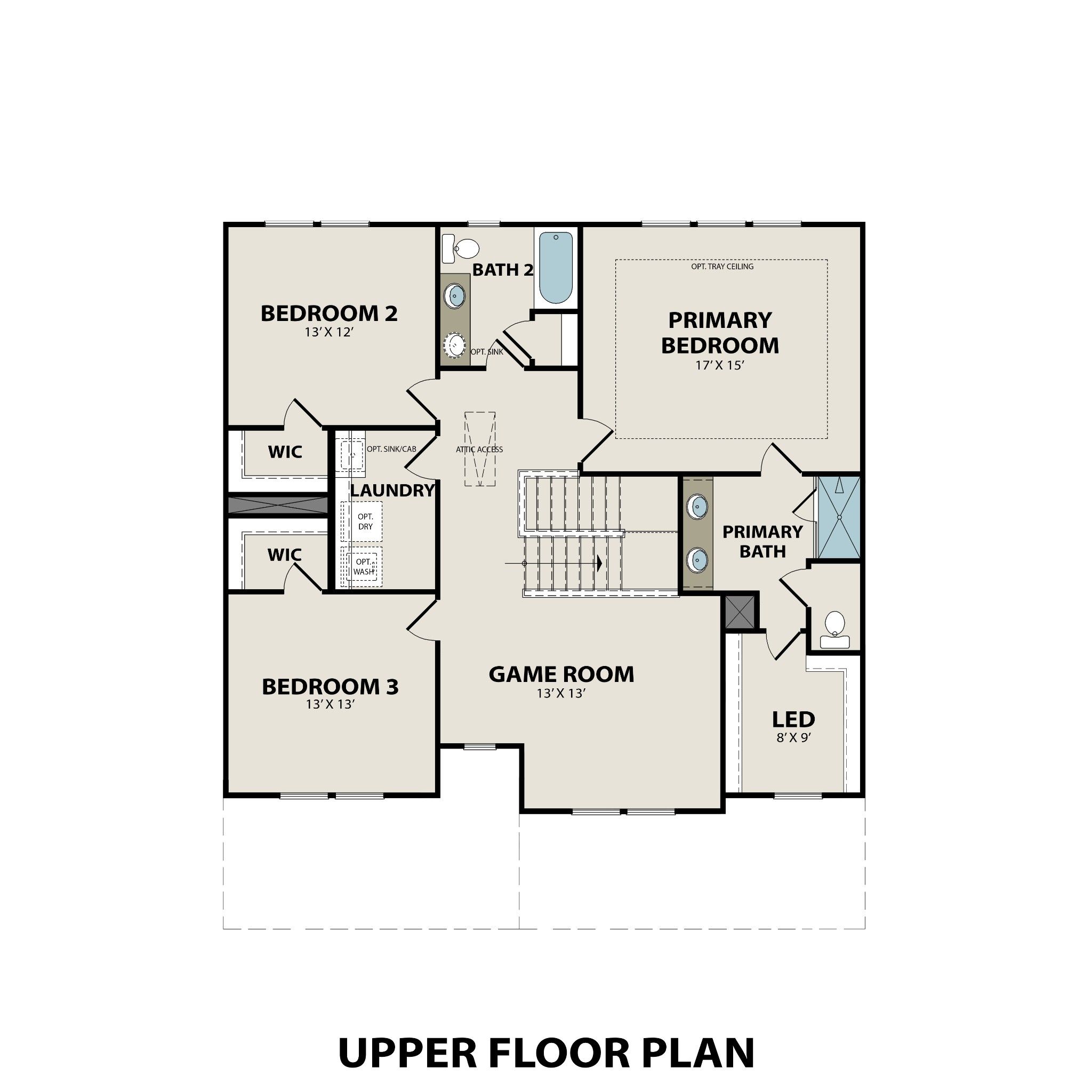 Upper floor plan of The Willow D home featuring primary suite, bedrooms 2 & 3, game room, baths in Mt. Juliet, Tennessee