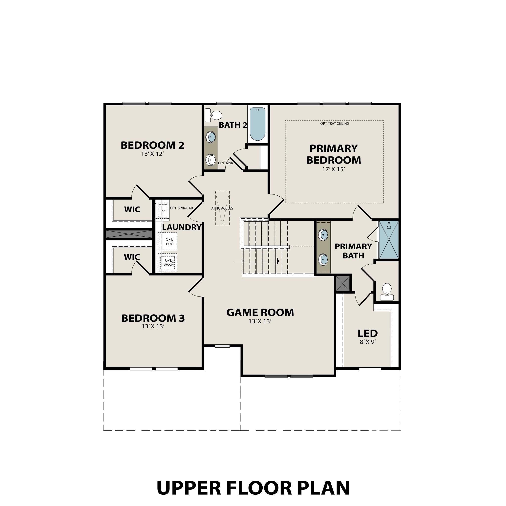 Upper floor plan of The Willow D home featuring primary suite, bedrooms 2 & 3, game room, baths in Mt. Juliet, Tennessee