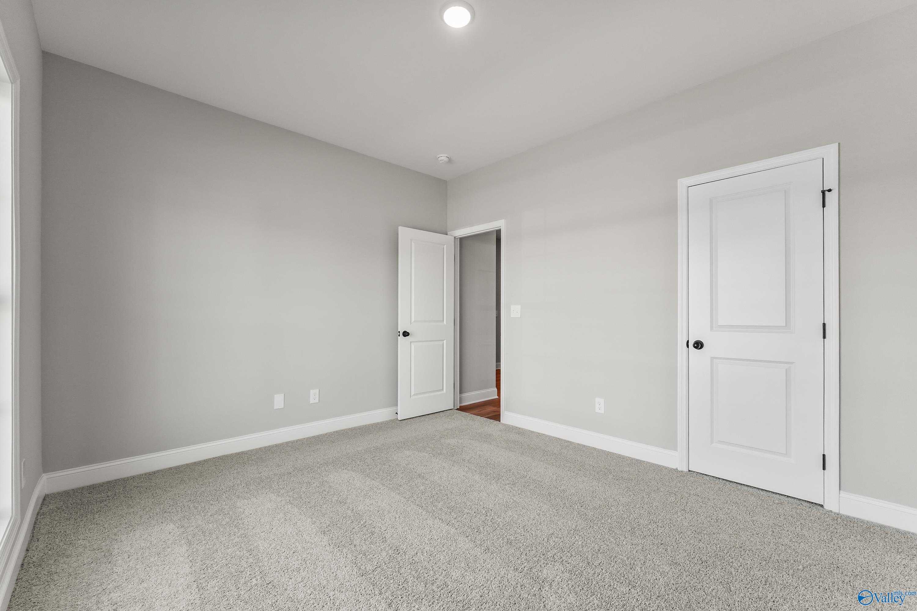 Spacious secondary bedroom with gray walls, plush carpet, and adjacent hallway in 4-bedroom Davidson Homes The Daphne C, Hazel Green, AL