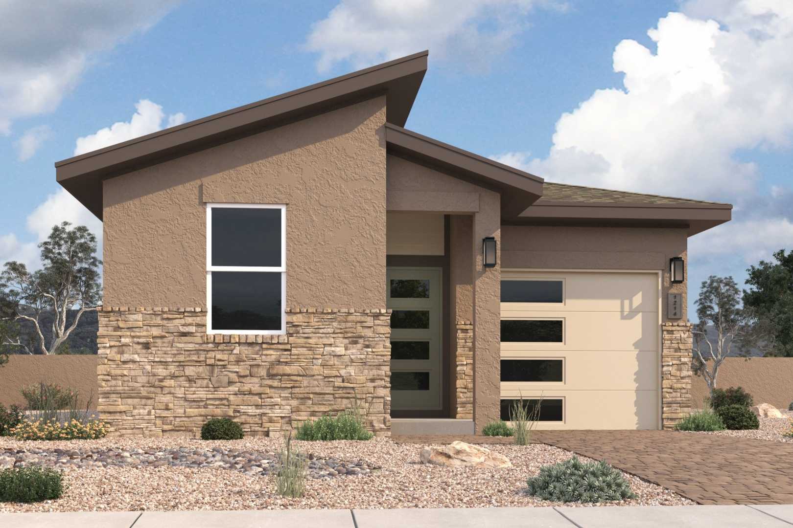 Modern Savannah C single-story home elevation with tan stucco, stone accents, large windows, garage, and desert landscaping in Prescott AZ