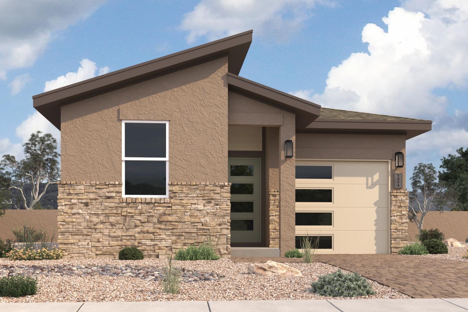 Modern Savannah C single-story home elevation with tan stucco, stone accents, large windows, garage, and desert landscaping in Prescott AZ