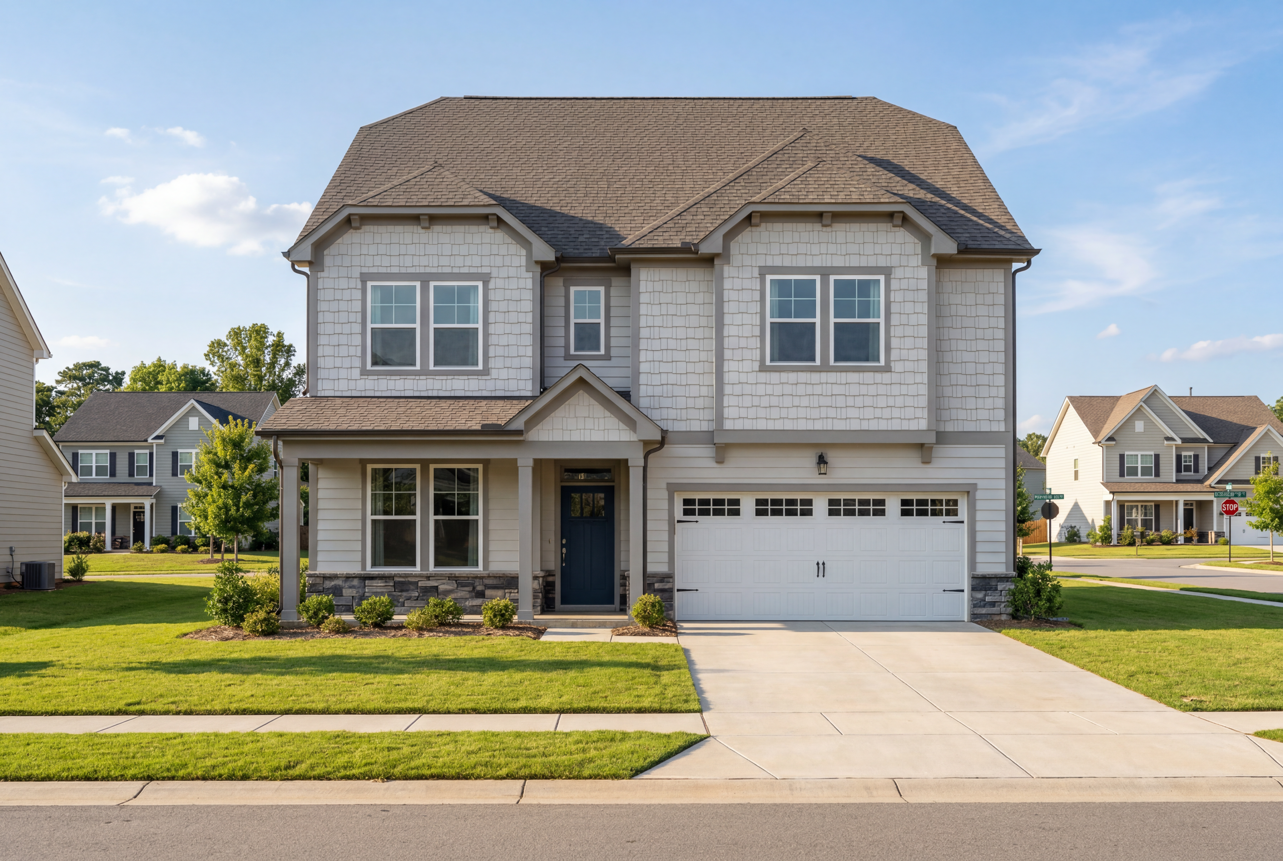 Two-story The Beech C elevation featuring stone and vinyl exterior, 2-car garage, and covered front porch in Holly Springs