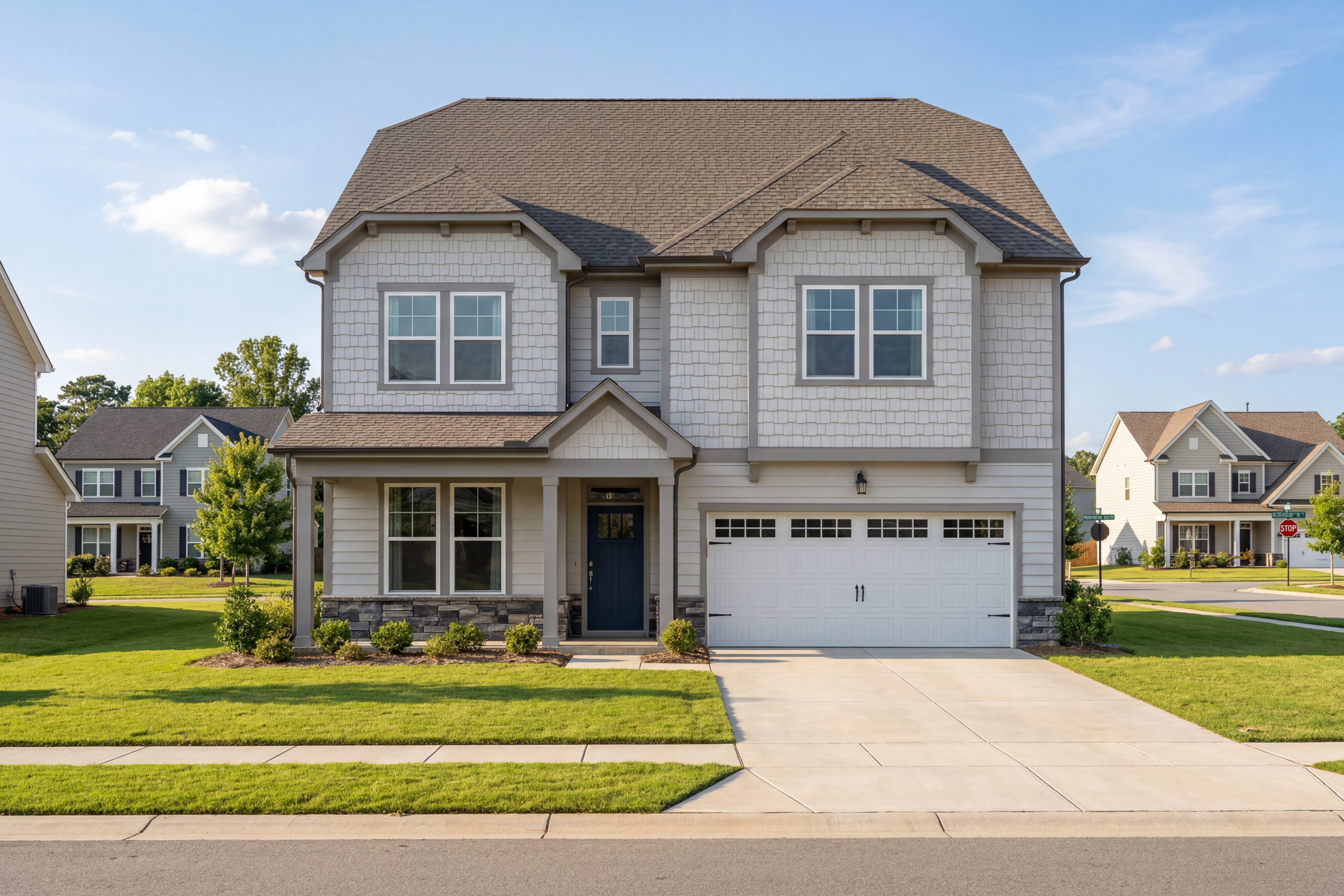 Two-story The Beech C elevation featuring stone and vinyl exterior, 2-car garage, and covered front porch in Holly Springs