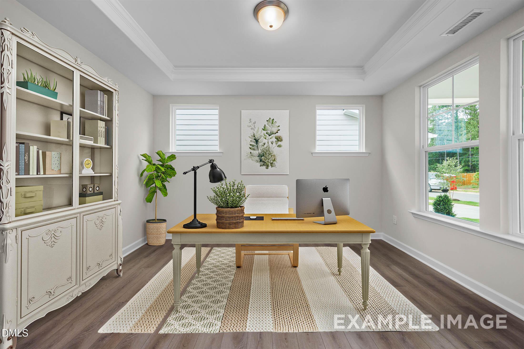 Bright home office with tray ceiling and desk in The Aspen C floor plan by Davidson Homes in Ashland, Apex, North Carolina.