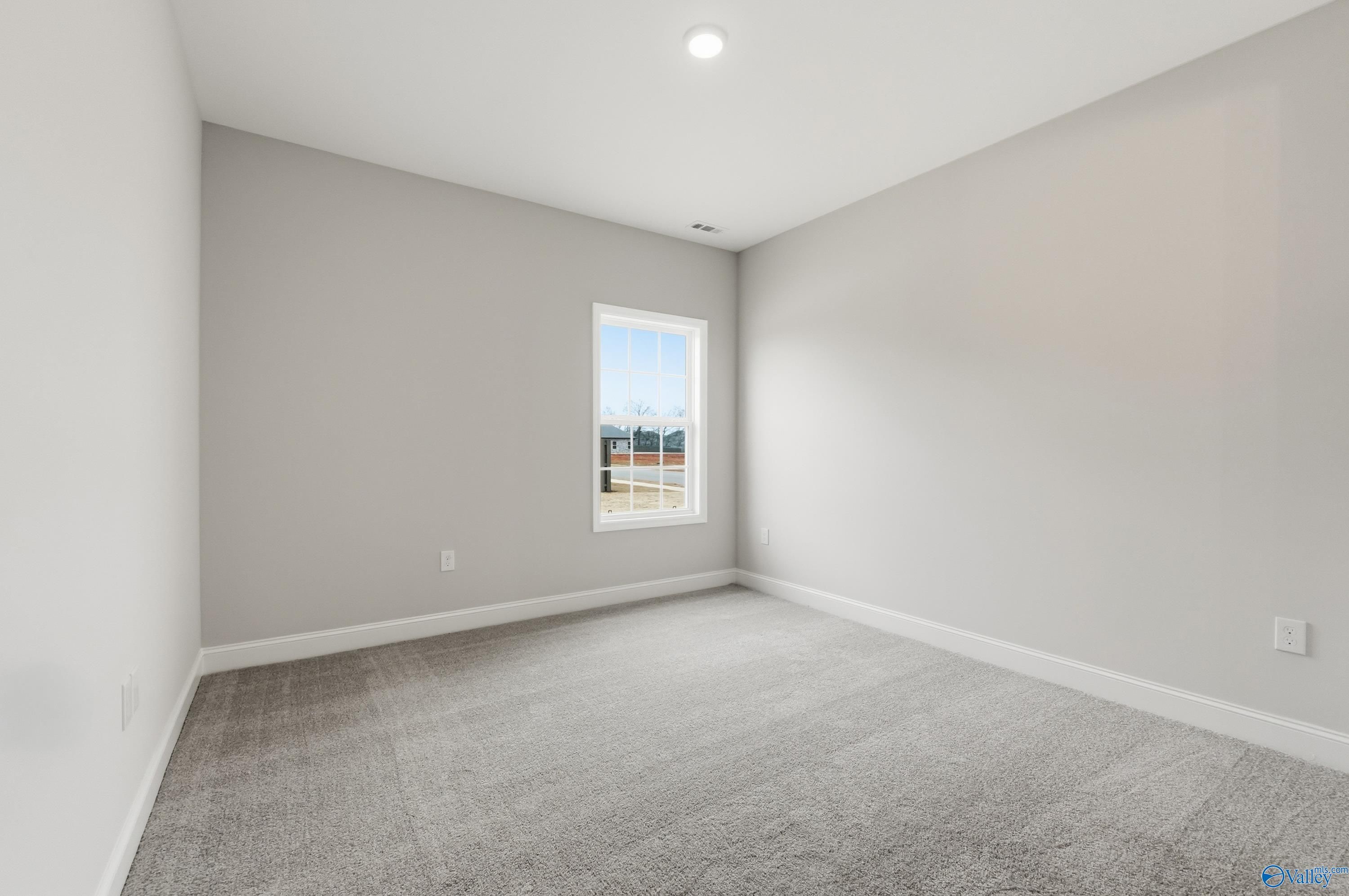Bright secondary bedroom featuring gray walls, carpet flooring, and large window in The Finleigh by Davidson Homes, Meridianville, AL
