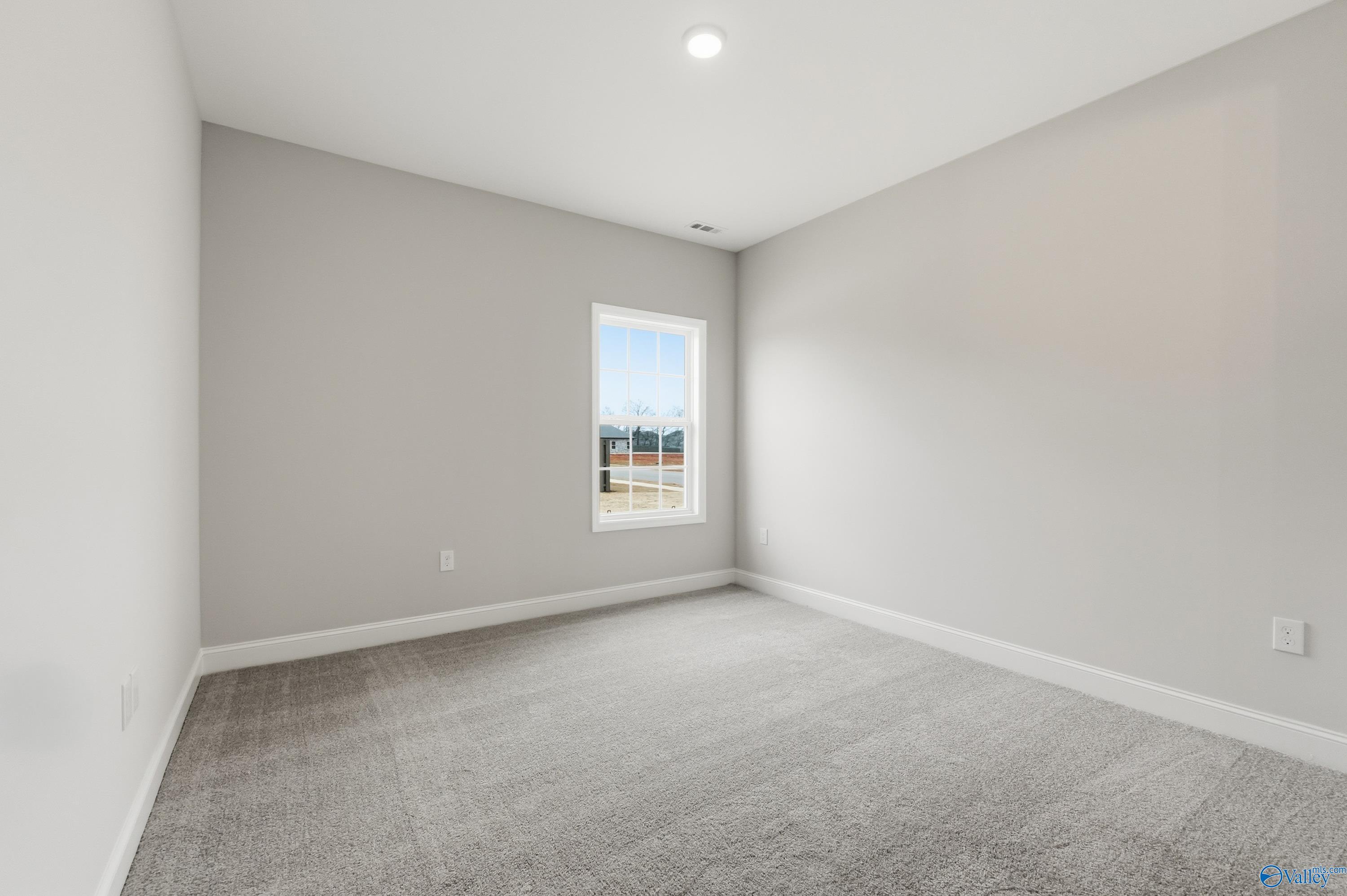 Bright secondary bedroom featuring gray walls, carpet flooring, and large window in The Finleigh by Davidson Homes, Meridianville, AL