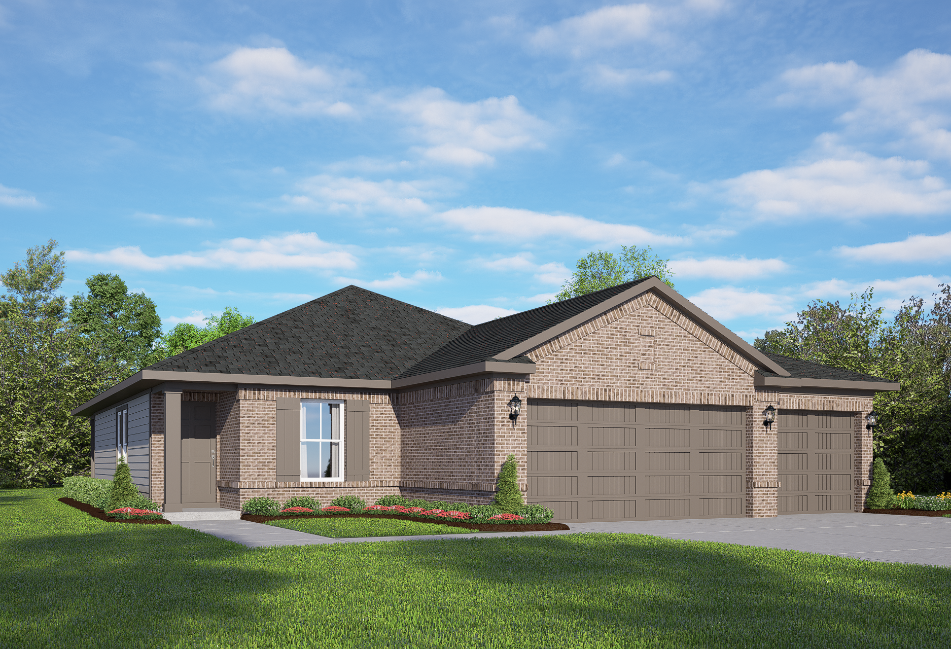Modern brick single-story elevation of The Costa A with 3-car garage, gabled roof, and landscaped yard in Dayton Texas