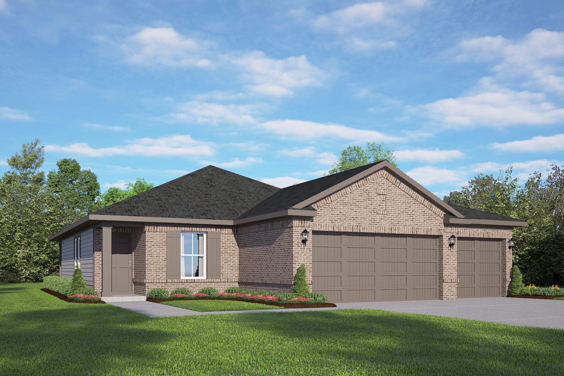 Modern brick single-story elevation of The Costa A with 3-car garage, gabled roof, and landscaped yard in Dayton Texas