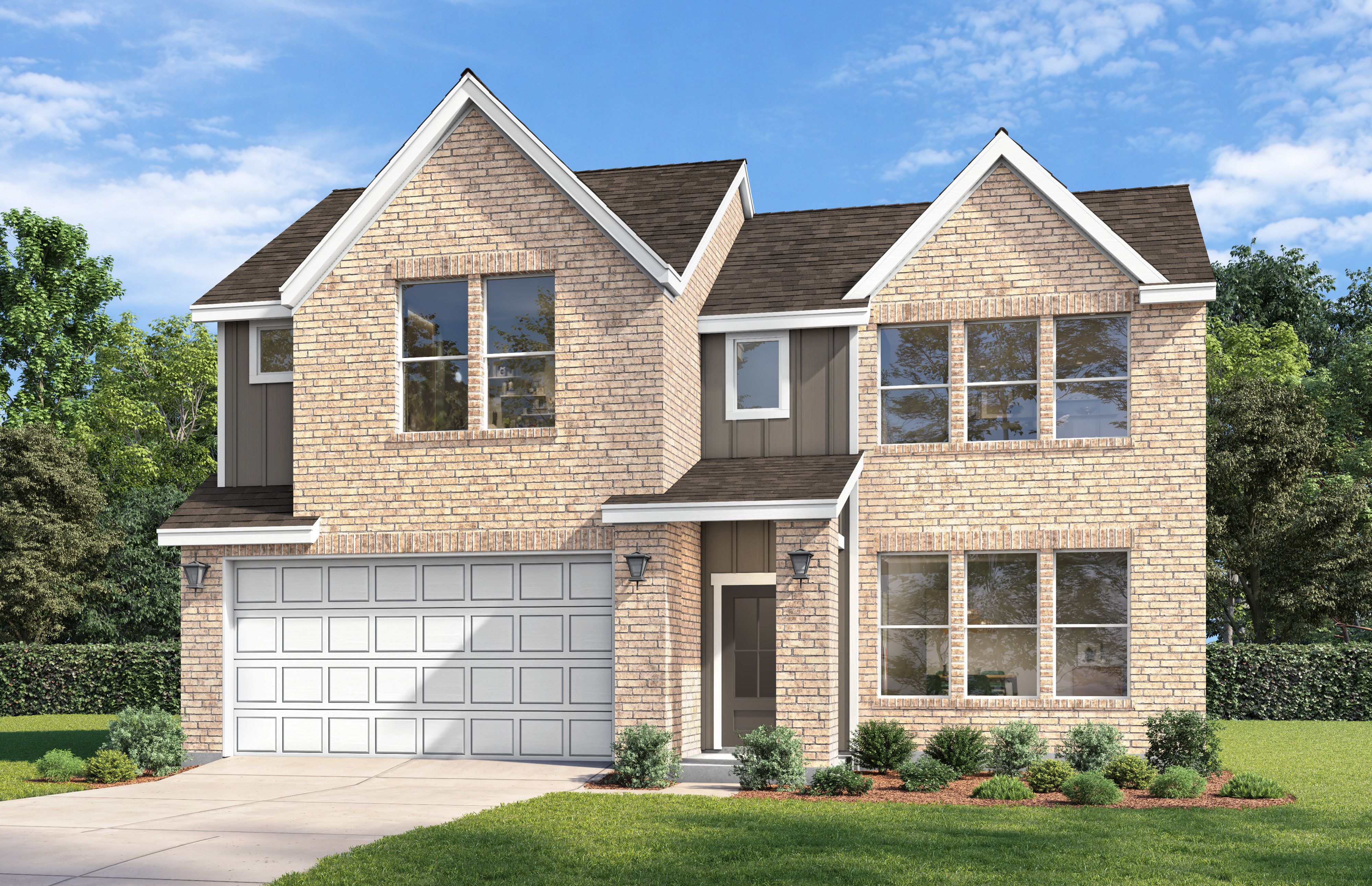 Modern two-story brick home elevation of The Stella E with two-car garage, large windows, and lush landscaping in Auburn, AL
