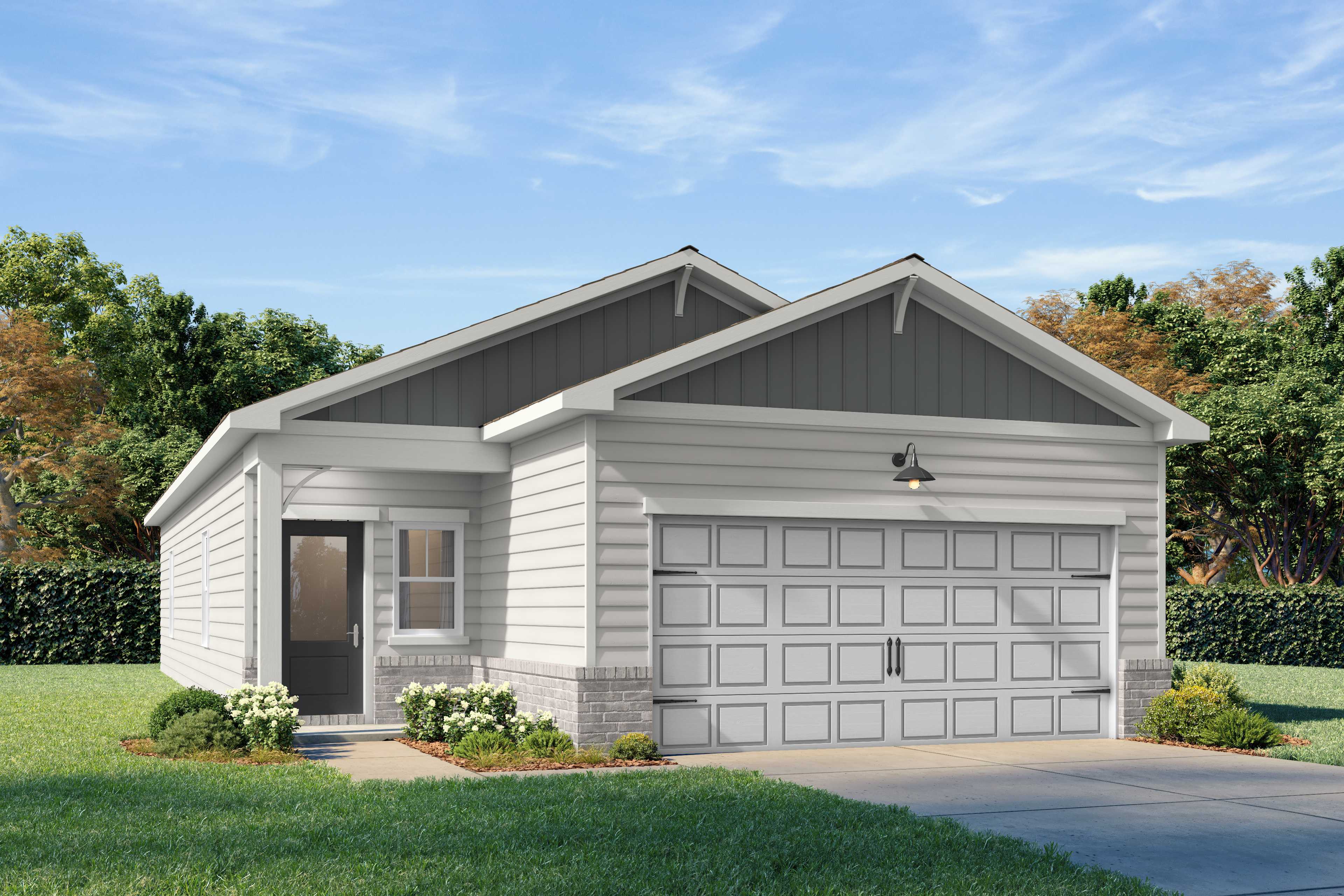 Modern single-story front elevation of The Oconee with white siding, gray gable roof, 2-car garage, and landscaped yard
