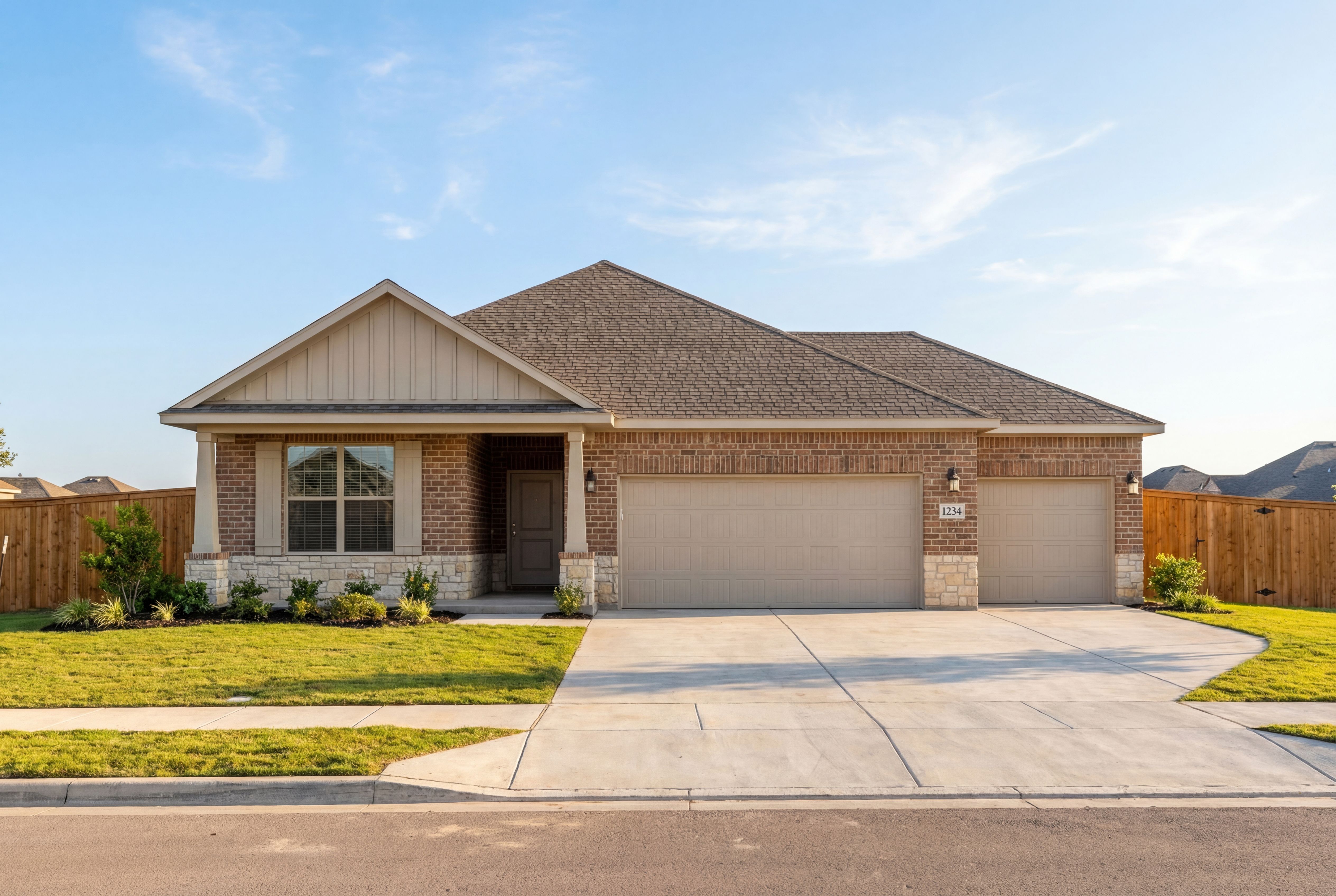 Modern one-story Everett D home featuring brick accents, shingle roof, 3-car garage, front porch, and lush green lawn in Josephine, Texas