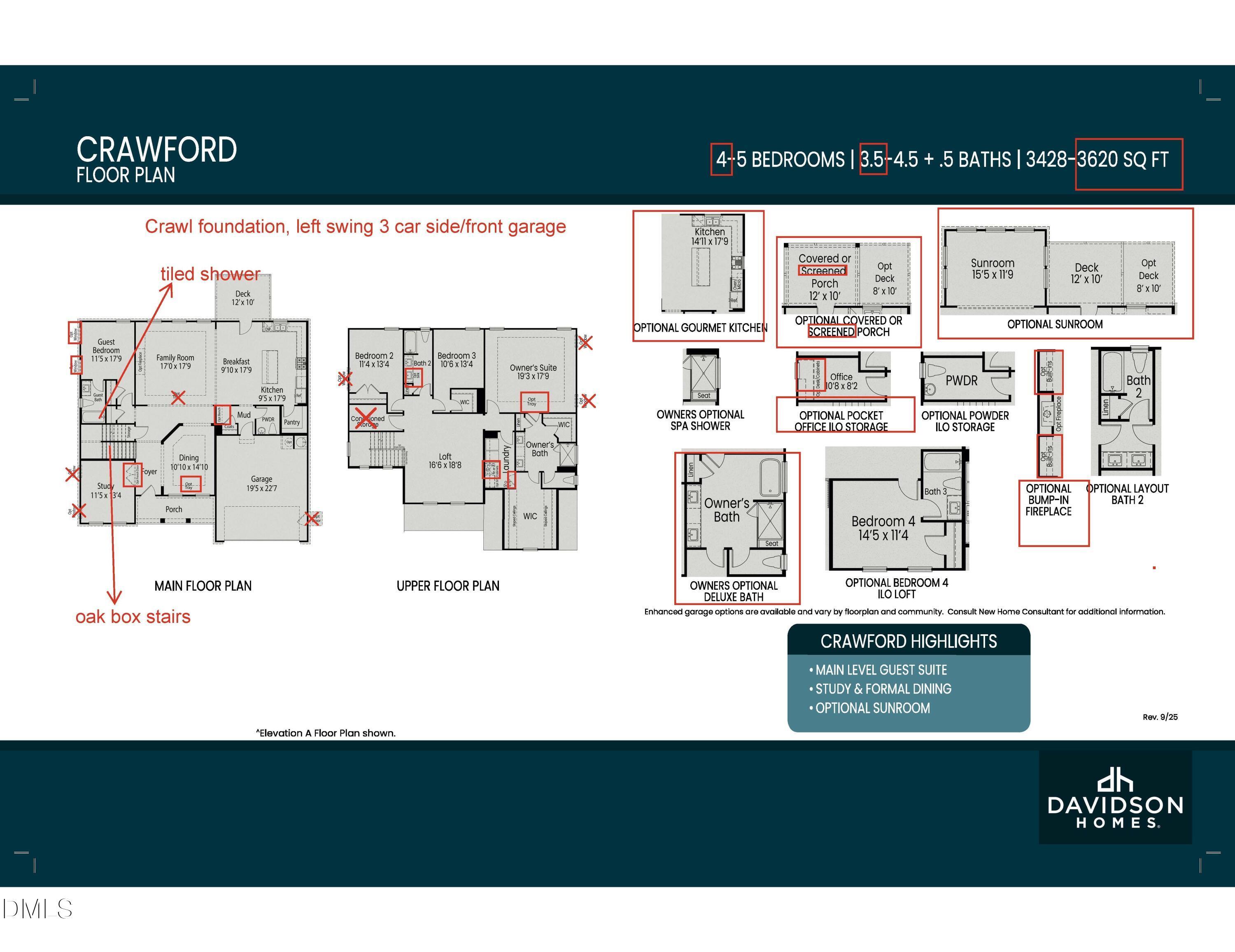 Crawford D floor plan by Davidson Homes: 4-bed, 3.5-bath, 3,620 sq ft 2-story with 3-car garage in Tobacco Road, Angier, NC