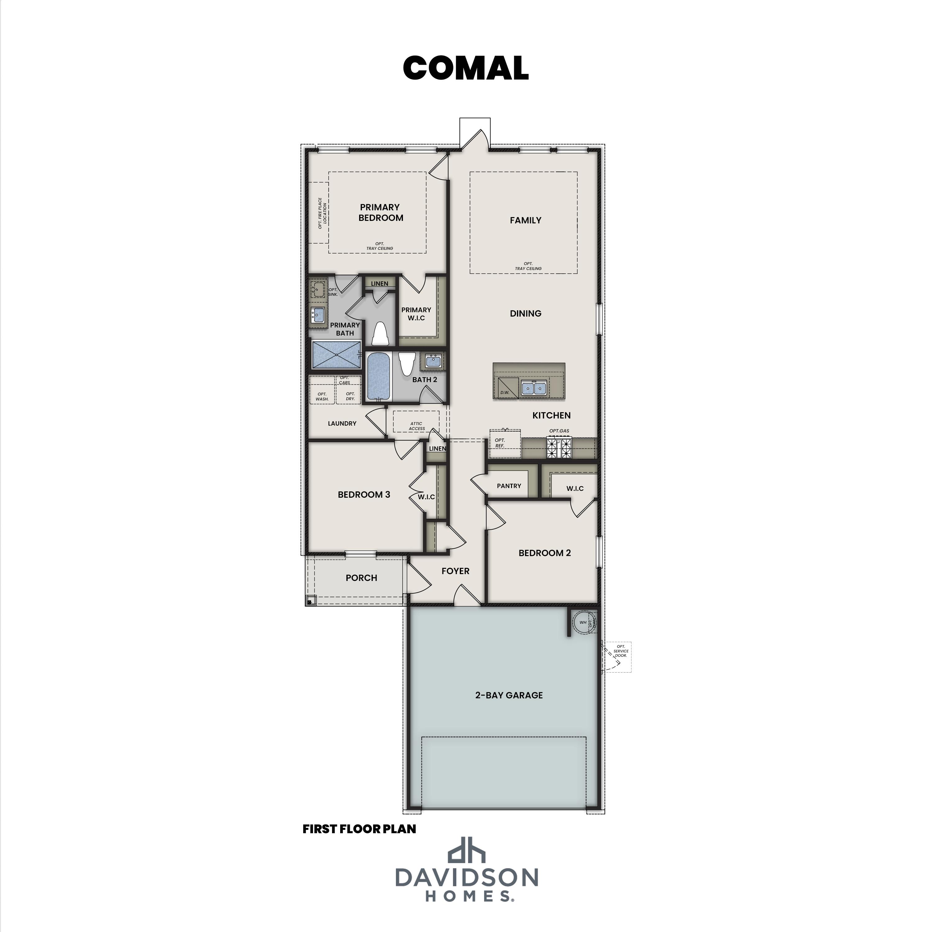 First floor plan of the Comal featuring 3-bedroom layout, open kitchen, family room, primary suite, and 2-car garage