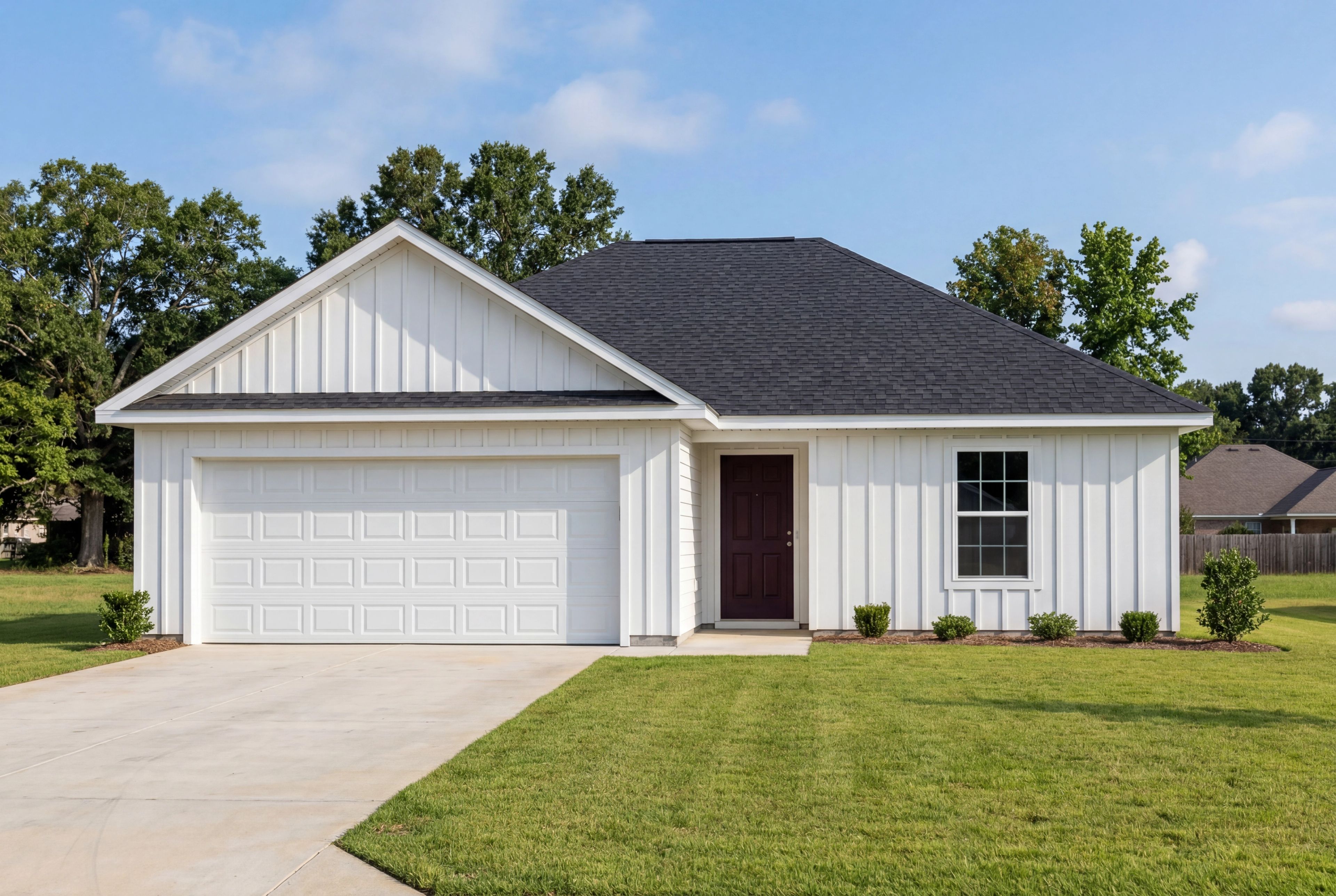 Modern farmhouse exterior of The Butler V featuring white vertical siding, a 2-car garage, and a dark shingle roof.