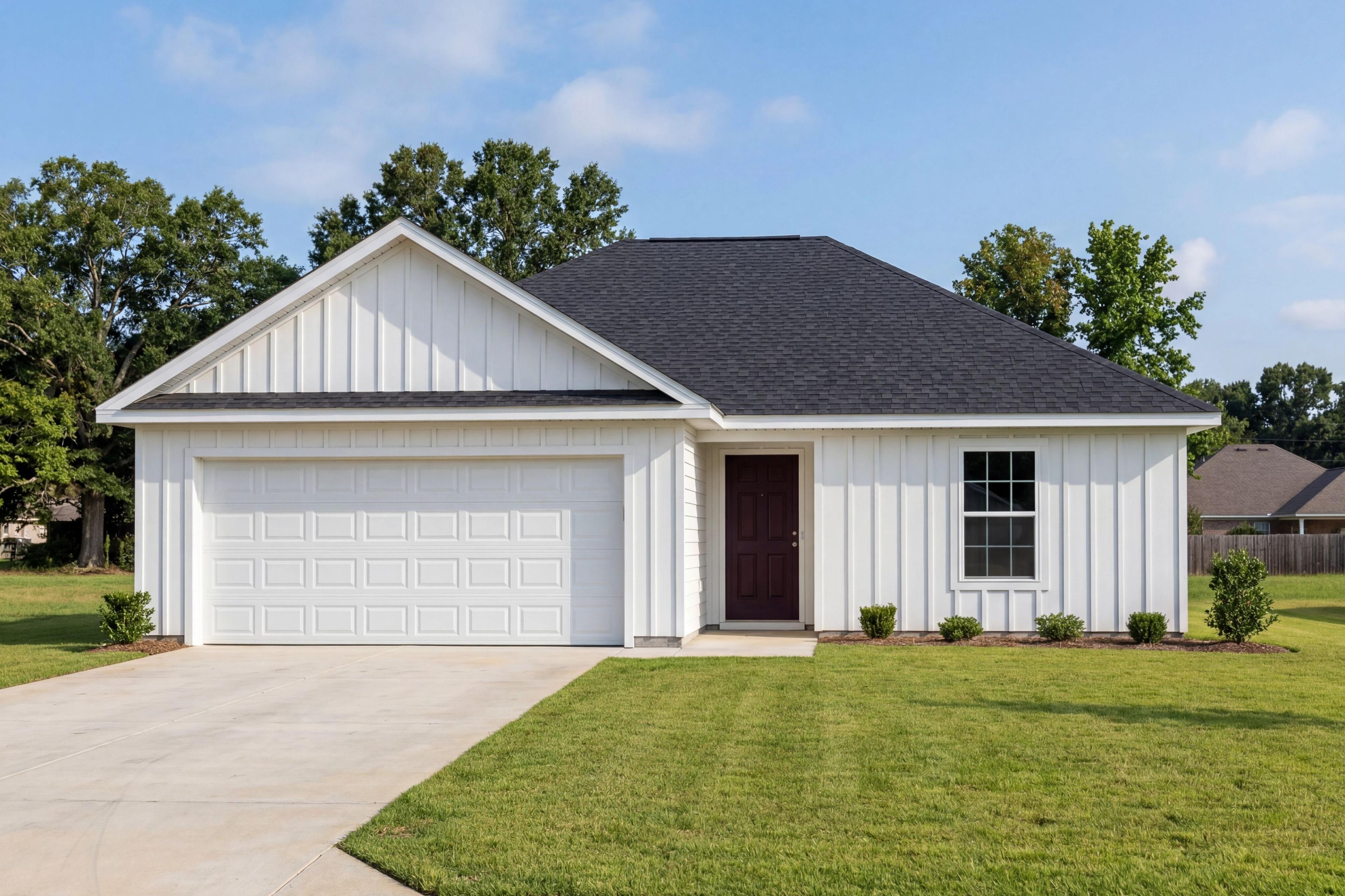 Modern farmhouse exterior of The Butler V featuring white vertical siding, a 2-car garage, and a dark shingle roof.