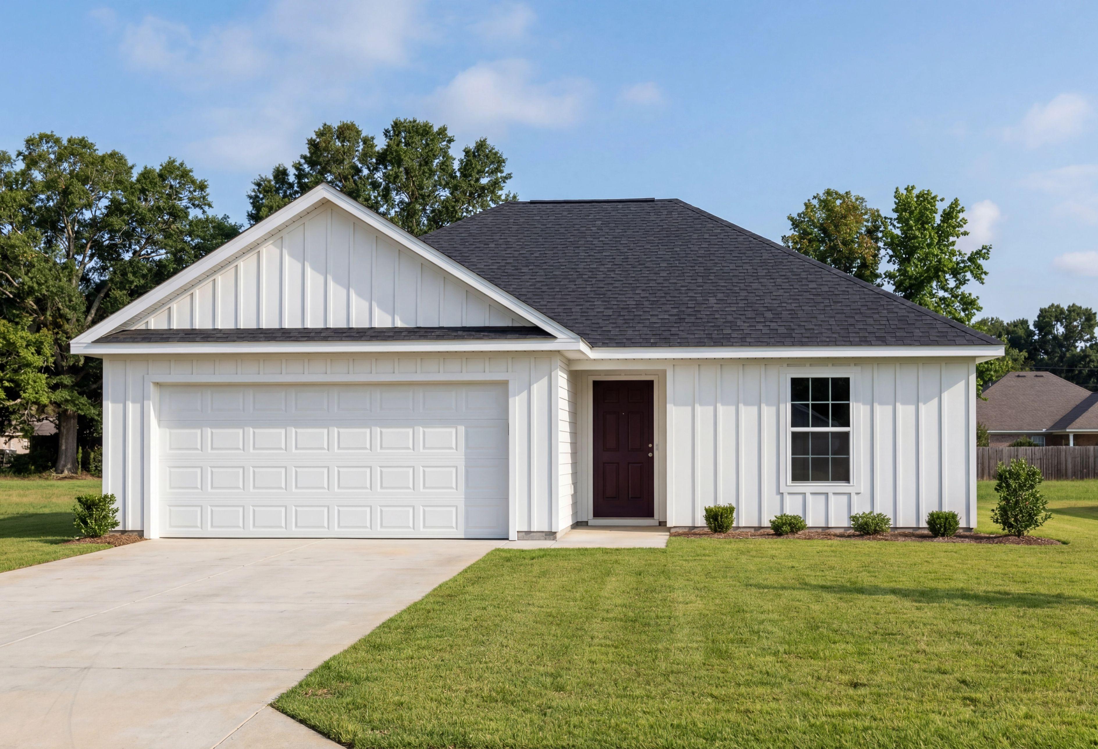Modern farmhouse exterior of The Butler V featuring white vertical siding, a 2-car garage, and a dark shingle roof.