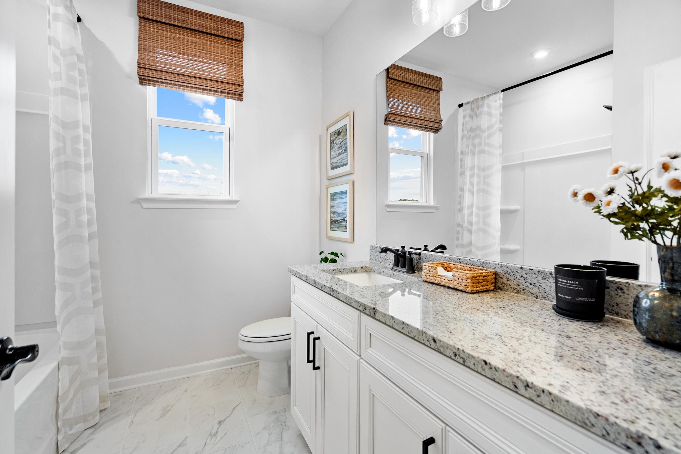 Spacious master bathroom in The Edison A with white vanity, granite counters, walk-in shower, and natural light