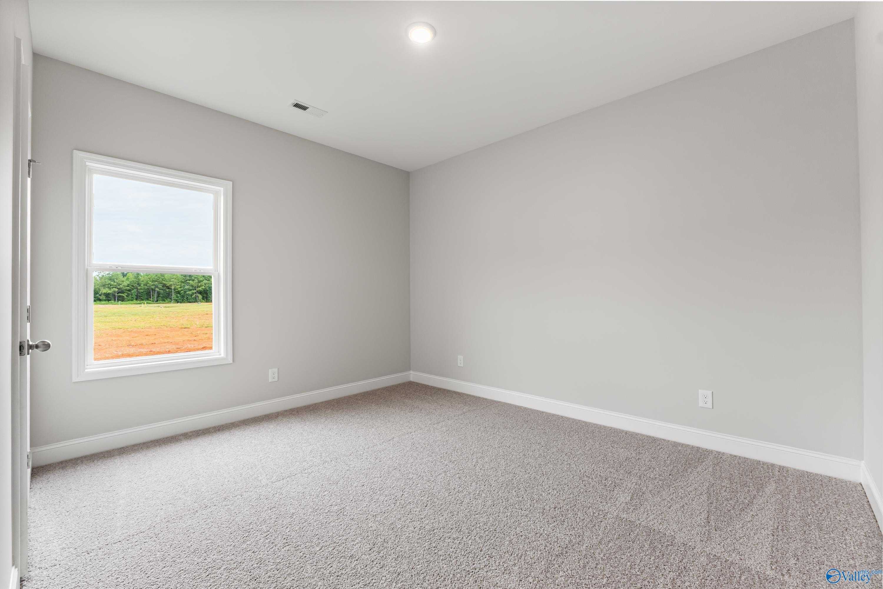 Empty secondary bedroom with gray walls, neutral carpet, and window overlooking fields in Davidson Homes The Daphne C, Athens, Alabama