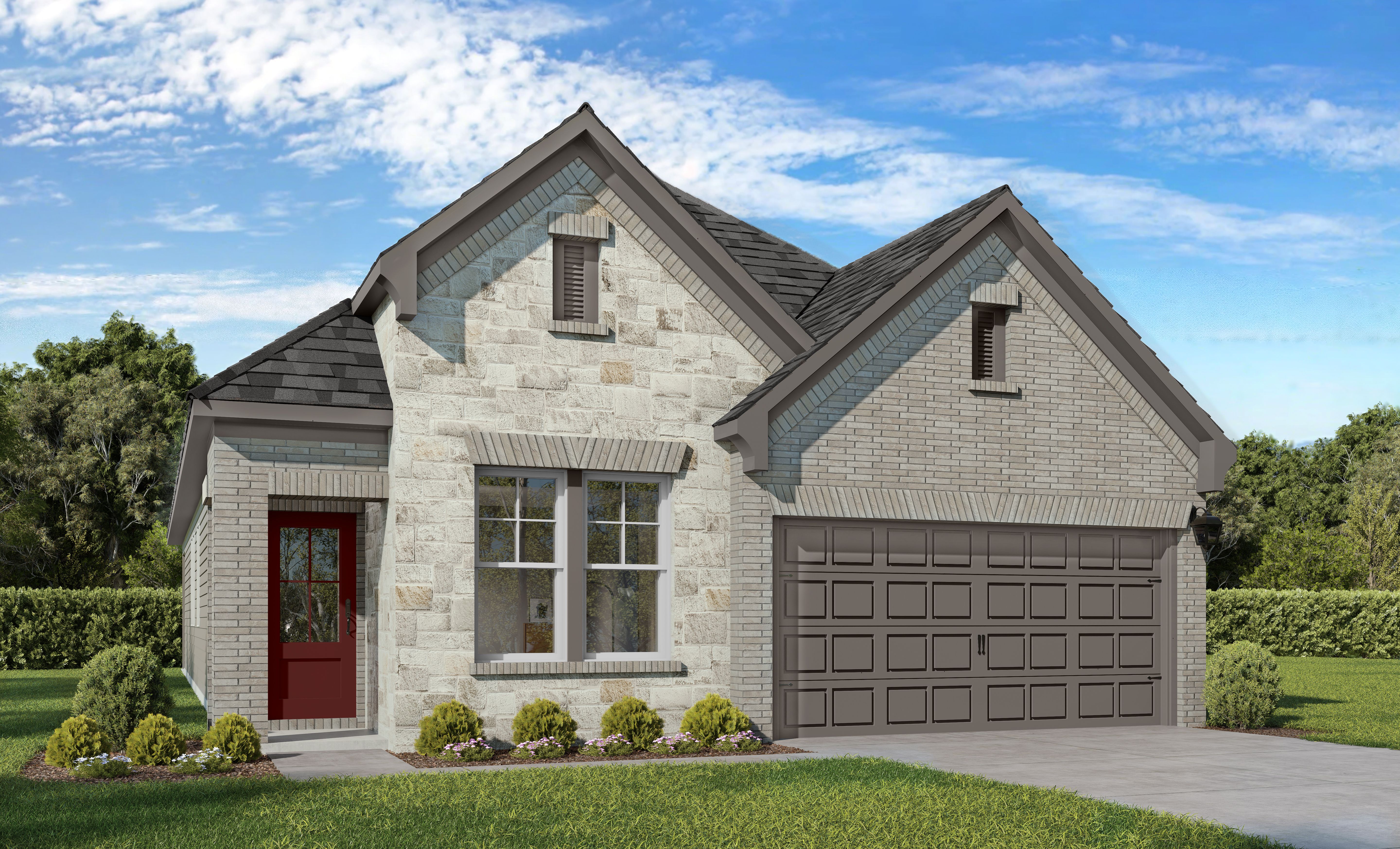 Charming Westfield single-story home elevation with stone and brick facade, red front door, 2-car garage, and landscaped yard in Crosby, Texas