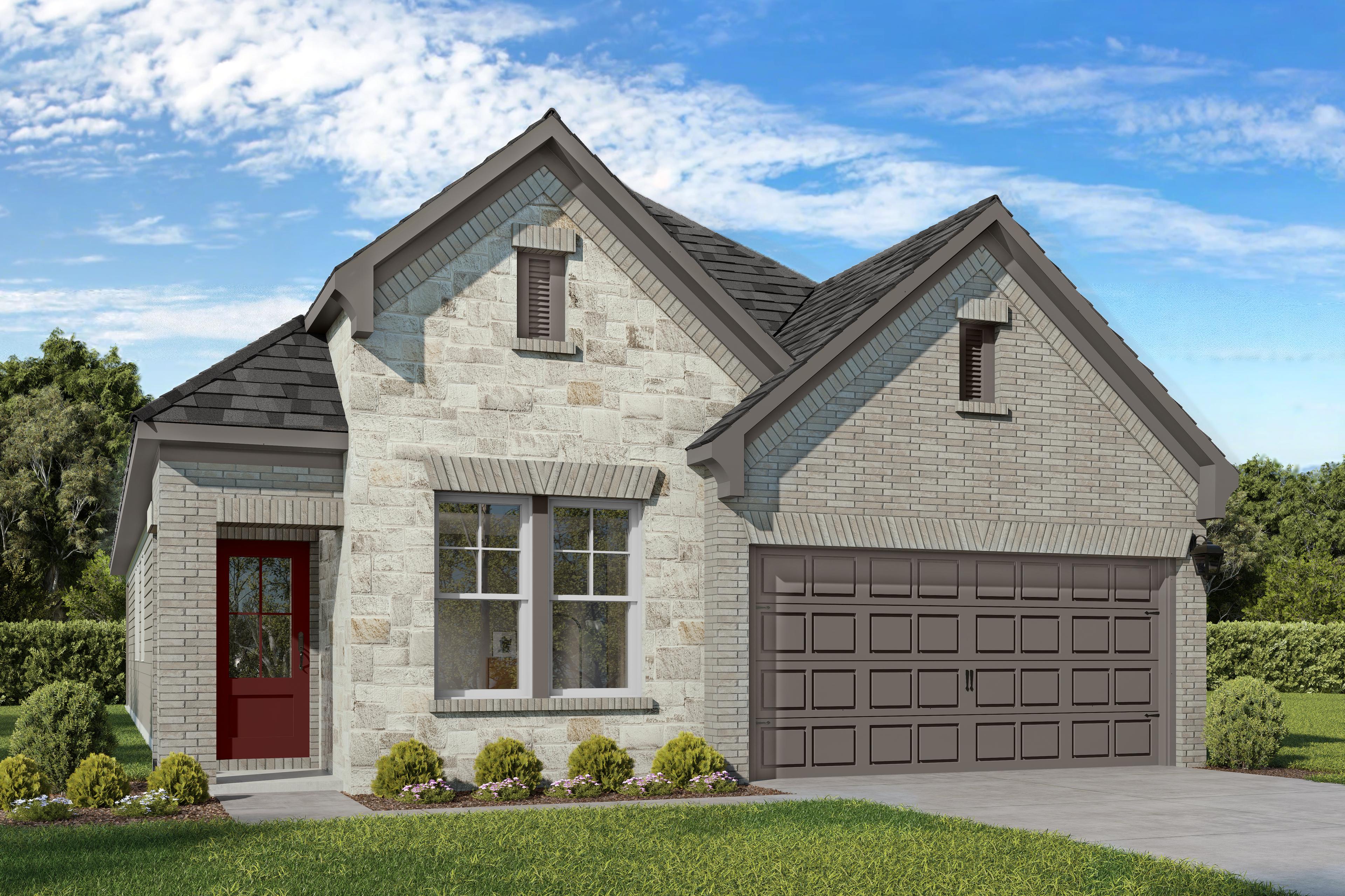 Charming Westfield single-story home elevation with stone and brick facade, red front door, 2-car garage, and landscaped yard in Crosby, Texas