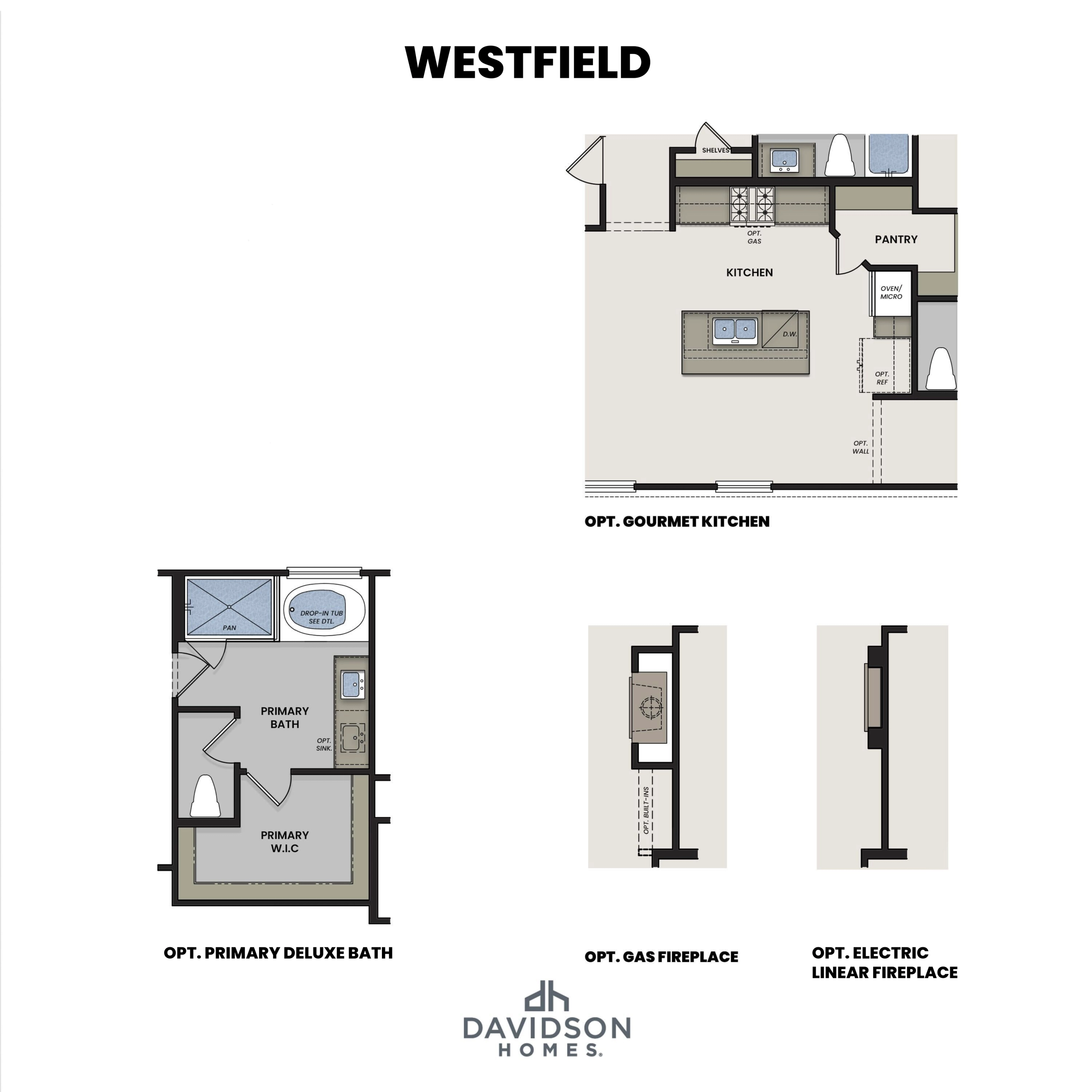 Westfield floor plan featuring optional gourmet kitchen, deluxe primary bath, gas fireplace, and electric linear fireplace by Davidson Homes