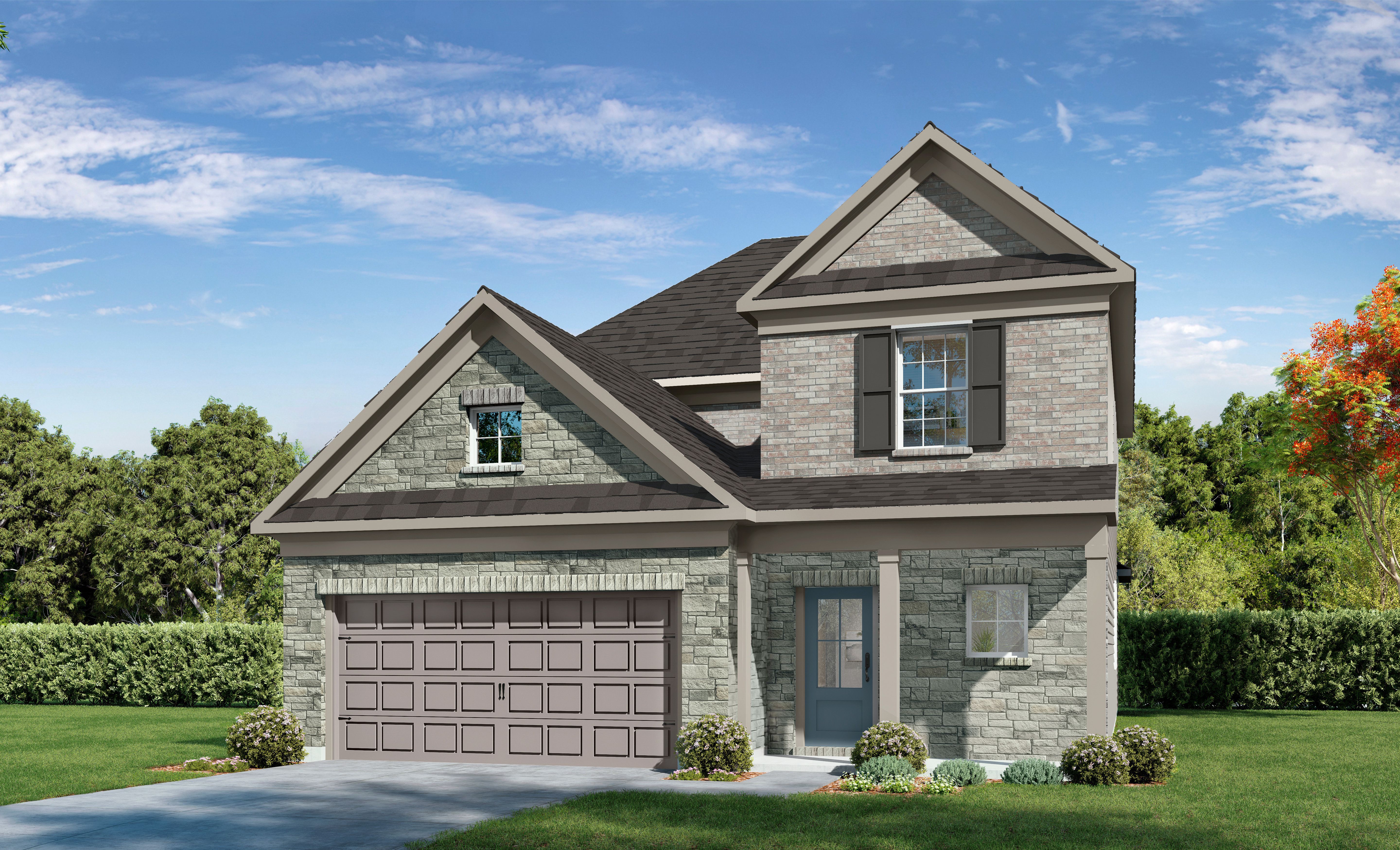 The Verano G elevation featuring a brick and stone exterior, two-story design, and two-car garage in Crosby, Texas.
