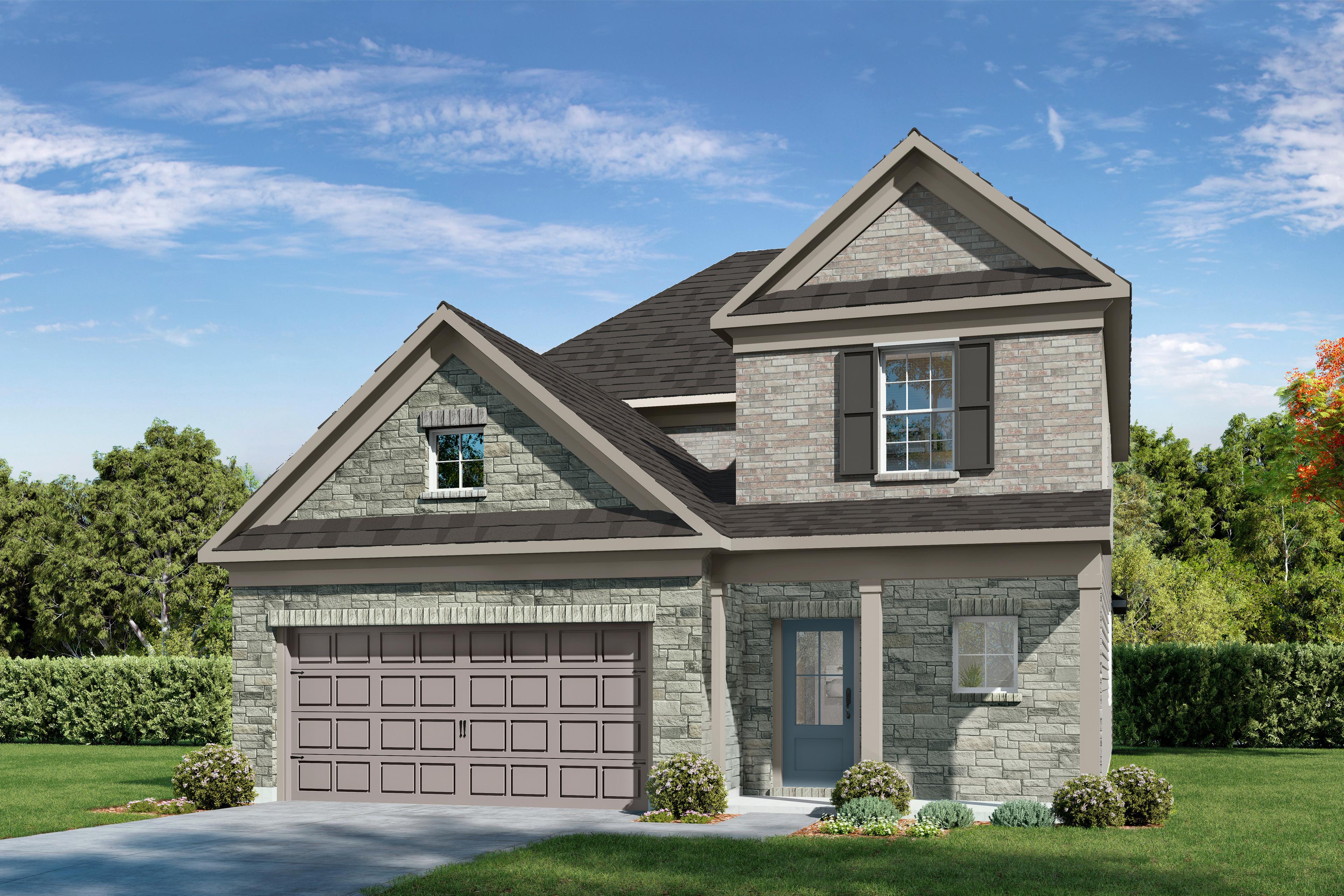 The Verano G elevation featuring a brick and stone exterior, two-story design, and two-car garage in Crosby, Texas.