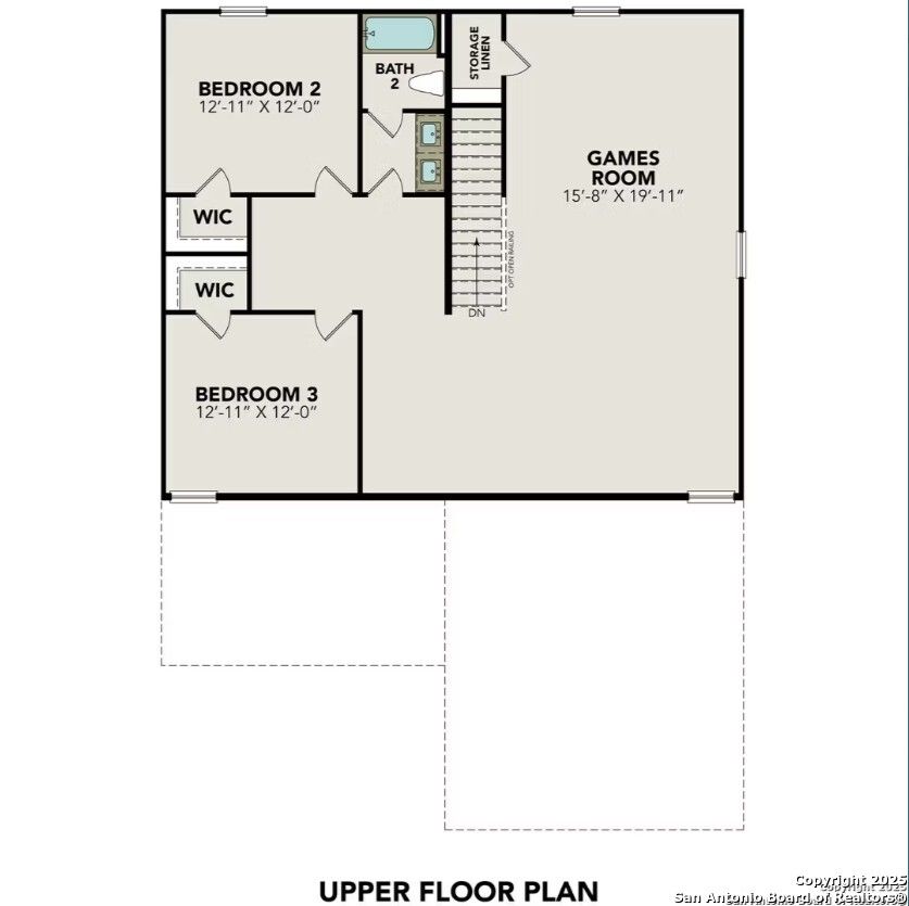 Upper floor plan of Davidson Homes The Douglas F: Bedroom 2 with bath, games room, Bedroom 3, closets in San Antonio TX home