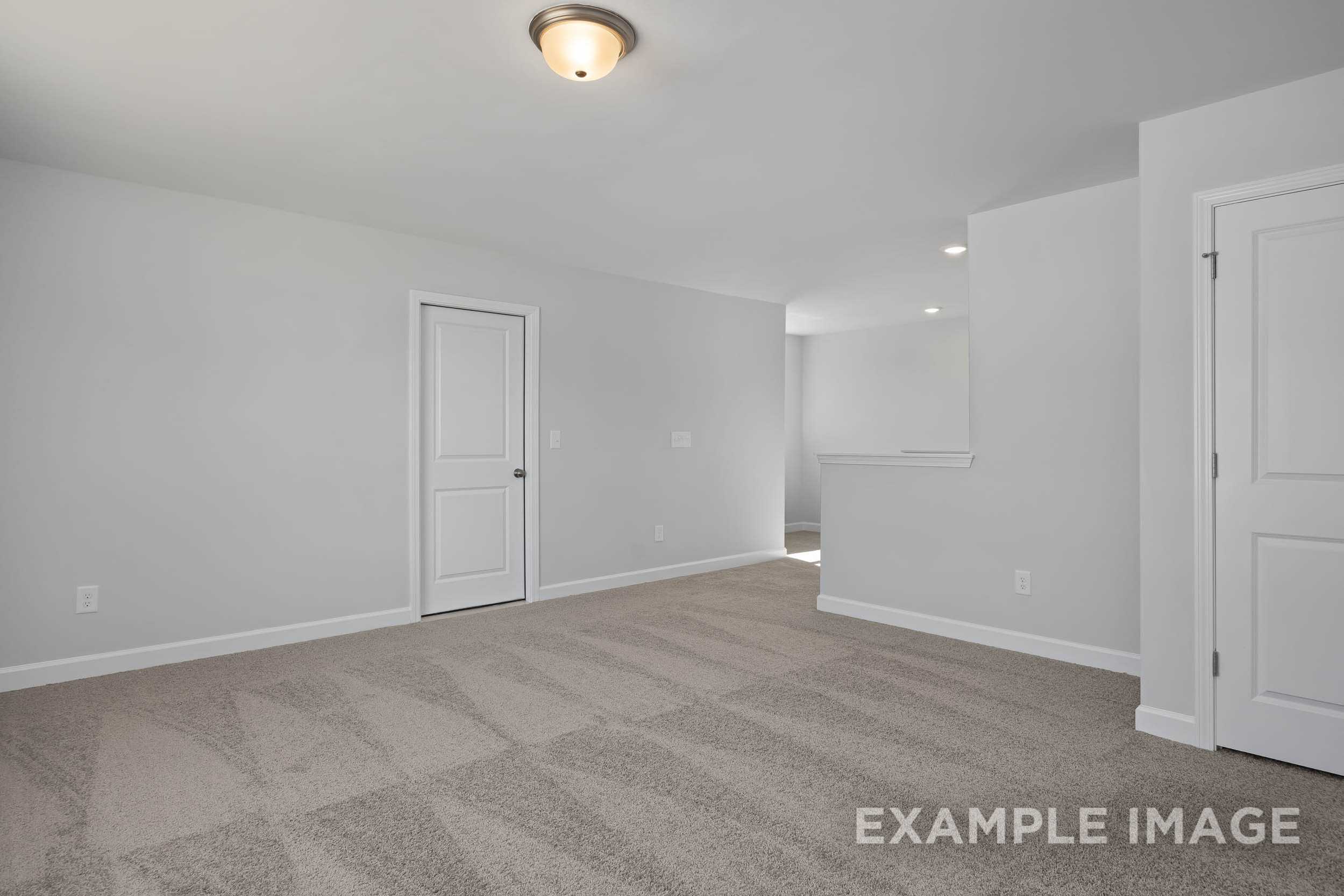 Spacious master bedroom in The Ash home design by Davidson Homes, light gray walls, beige carpet, white doors, open hallway in Lillington NC