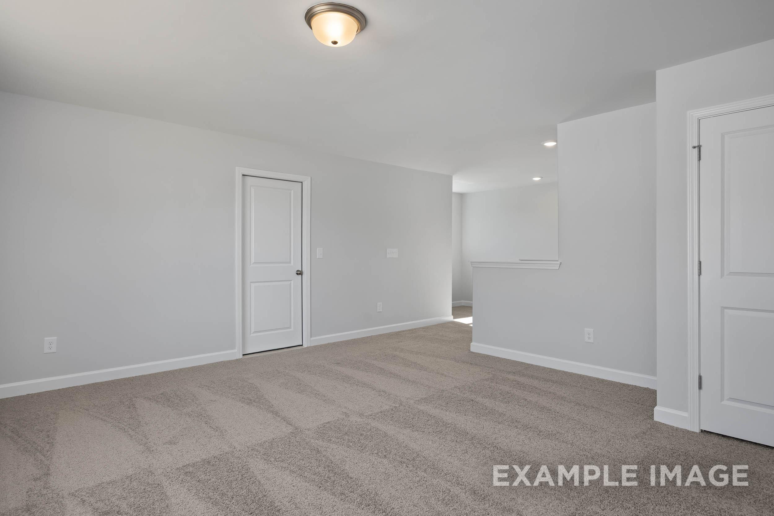 Spacious master bedroom in The Ash home design by Davidson Homes, light gray walls, beige carpet, white doors, open hallway in Lillington NC