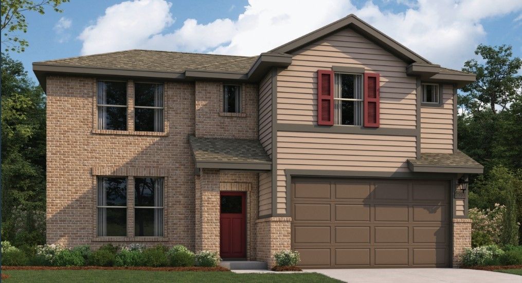 Two-story brick home with 2-car garage, red door, shutters, and landscaped yard in Anderson Lakes, Opelika, Alabama - Davidson Homes The Stella A