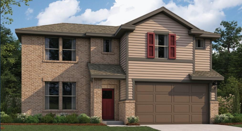 Two-story brick home with 2-car garage, red door, shutters, and landscaped yard in Anderson Lakes, Opelika, Alabama - Davidson Homes The Stella A