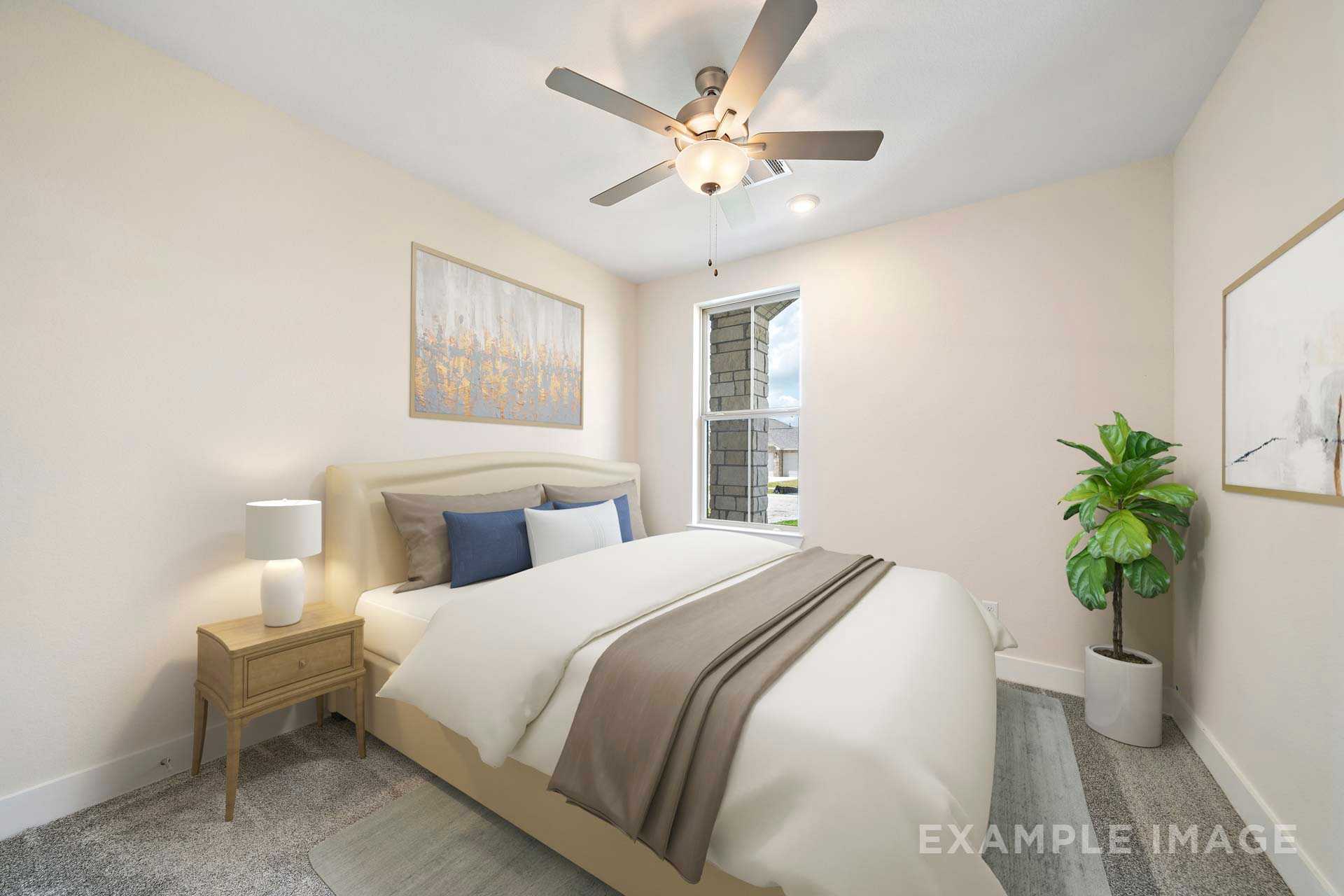 Spacious master bedroom in The Diana C featuring king bed, ceiling fan, large window, neutral tones, and potted plant