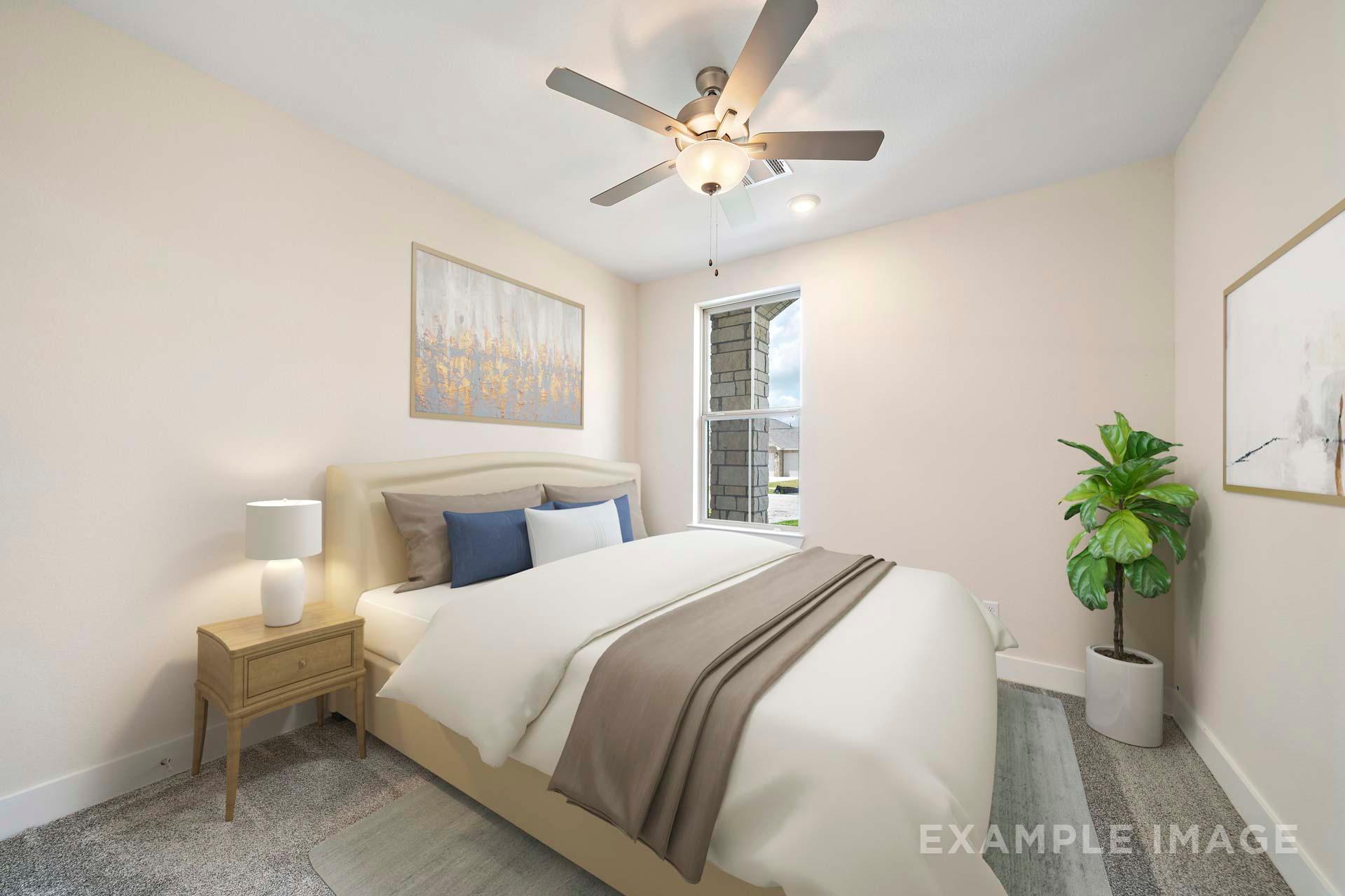 Spacious master bedroom in The Diana C featuring king bed, ceiling fan, large window, neutral tones, and potted plant