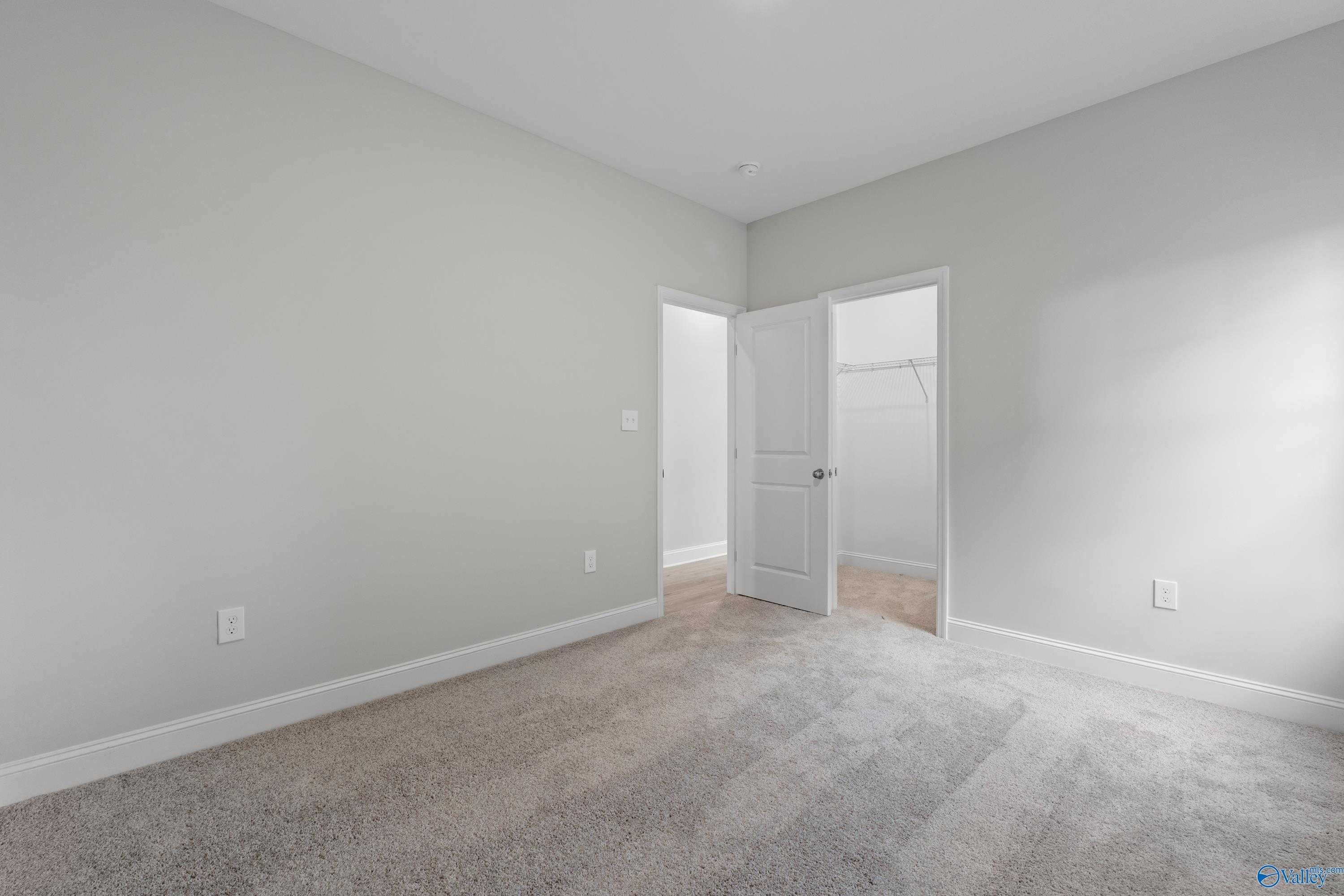 Spacious secondary bedroom with gray walls, carpet flooring, walk-in closet and en-suite bath in Davidson Homes The Rockford B, Toney AL