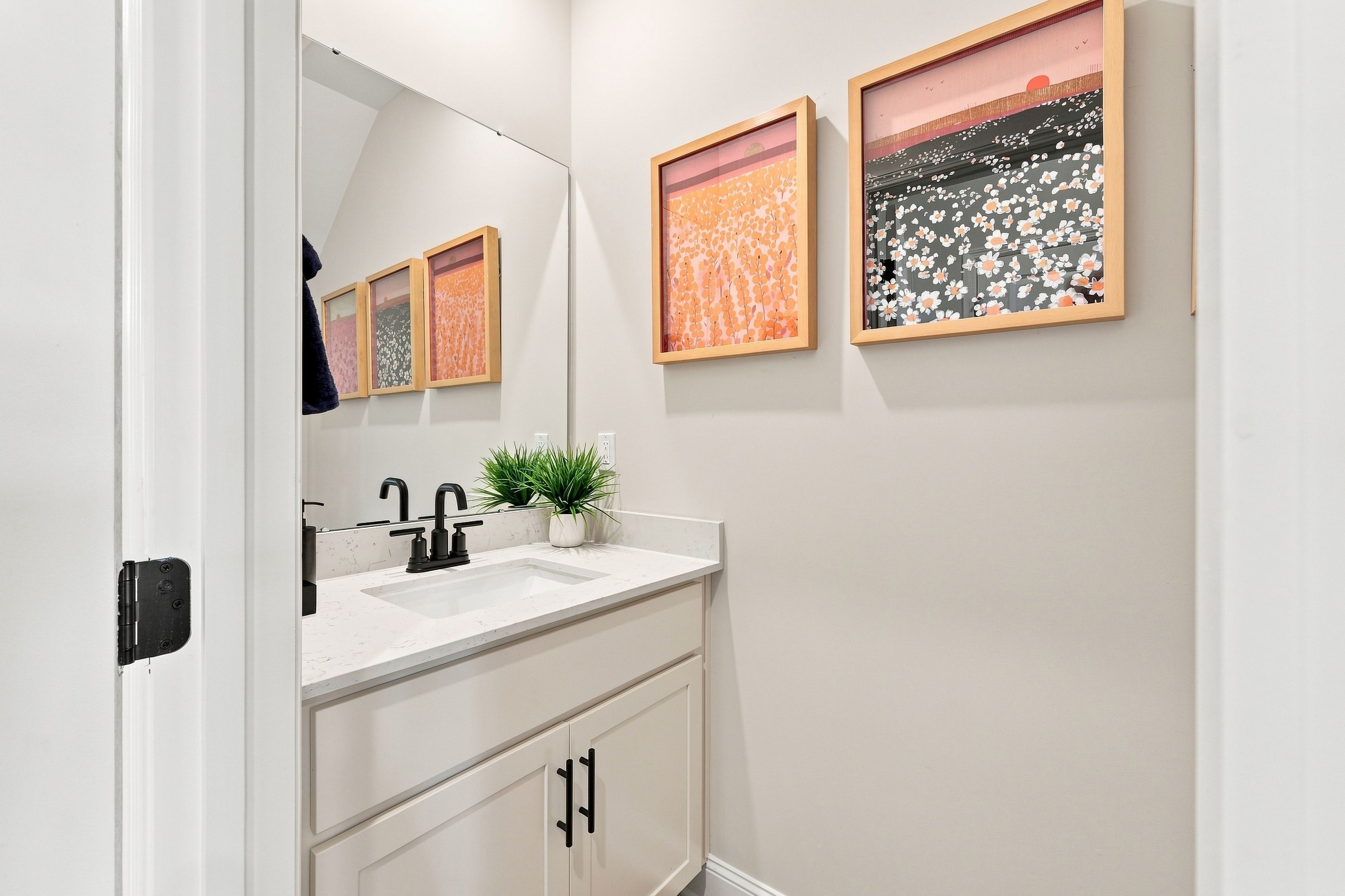 Bathroom with white vanity, black faucet, and framed floral artwork at Bailey Park by Davidson Homes in Fayetteville, Tennessee