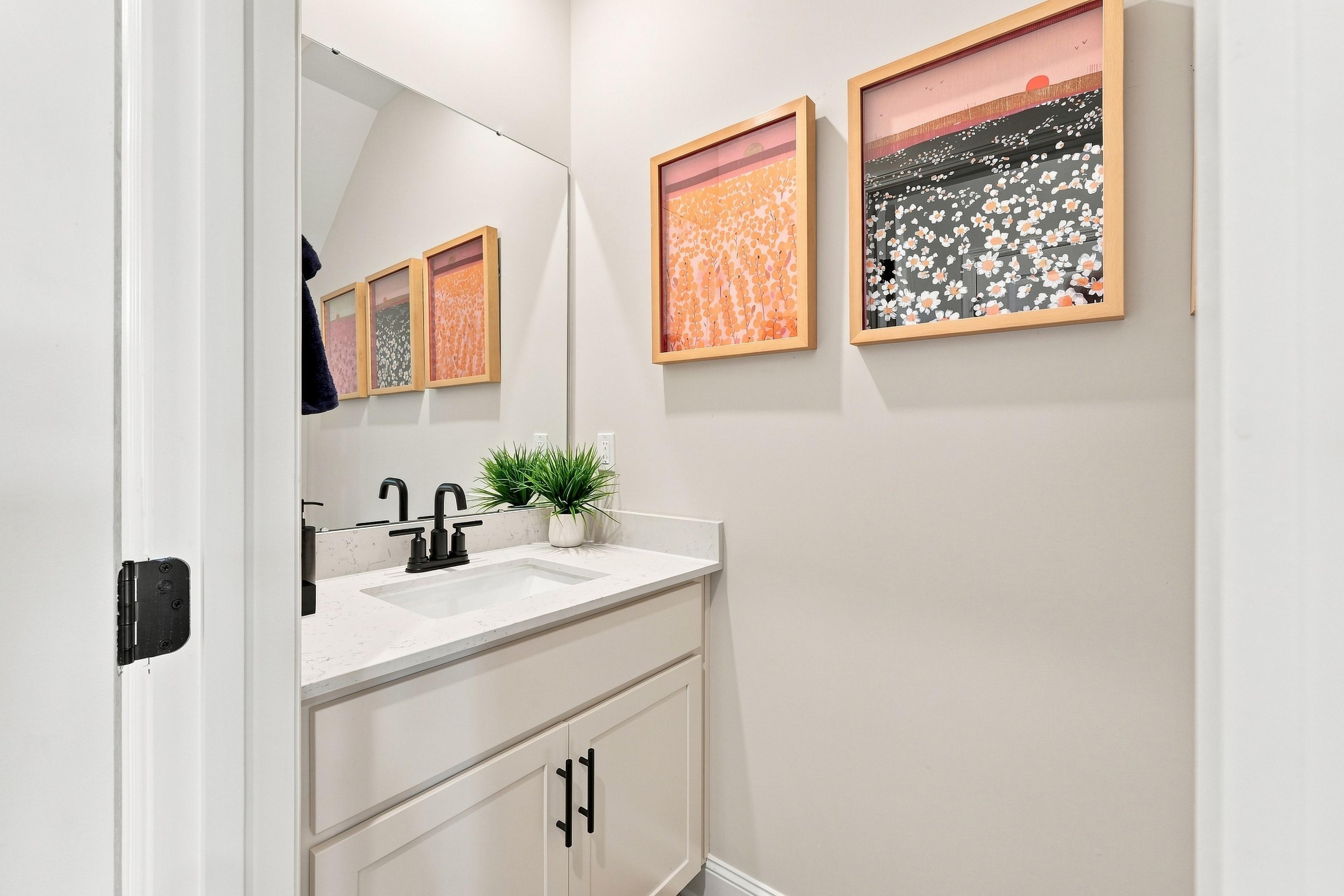 Bathroom with white vanity, black faucet, and framed floral artwork at Bailey Park by Davidson Homes in Fayetteville, Tennessee