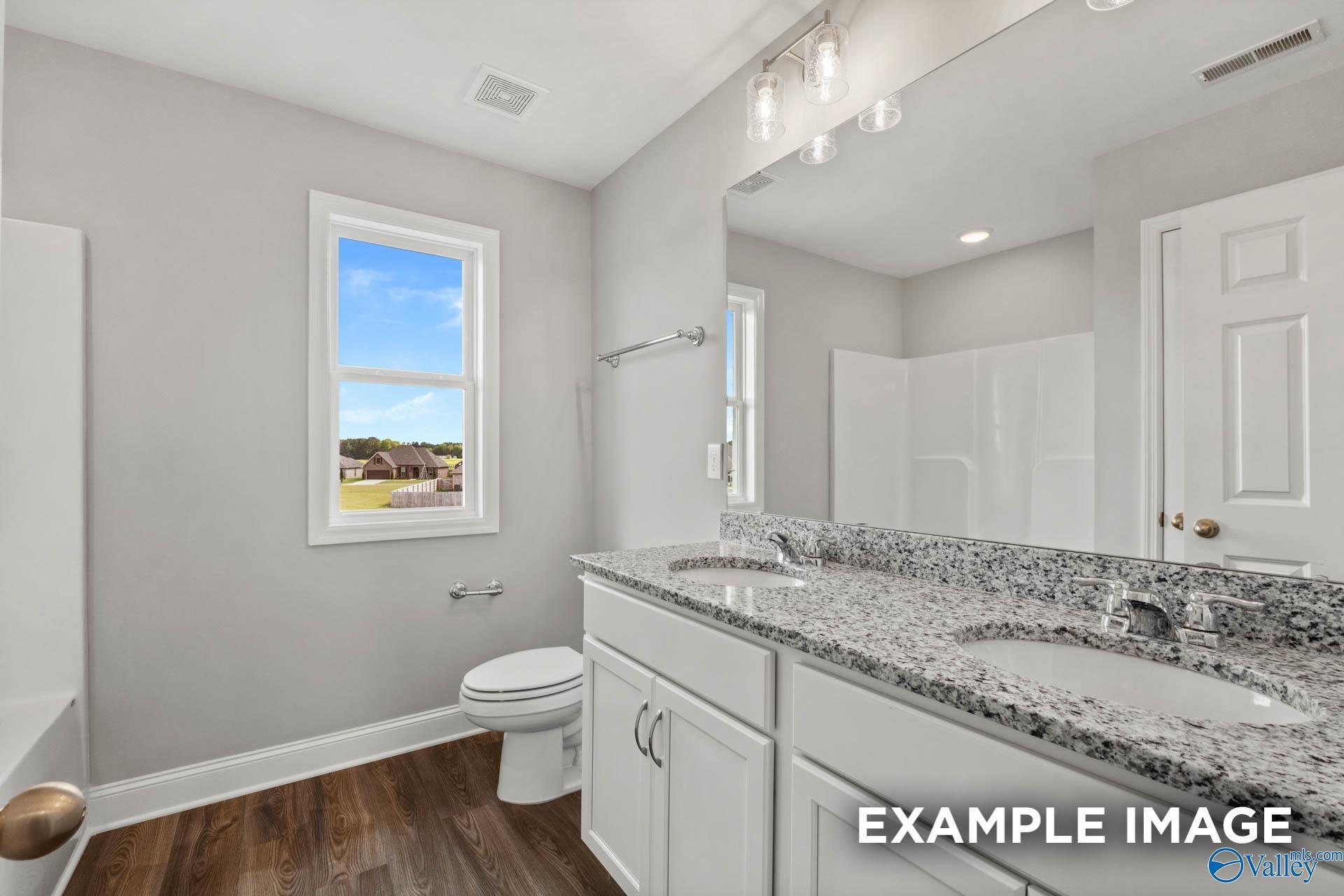 Modern bathroom featuring double granite vanity, gray walls, and scenic window view in Davidson Homes The Shelby B, New Market, Alabama