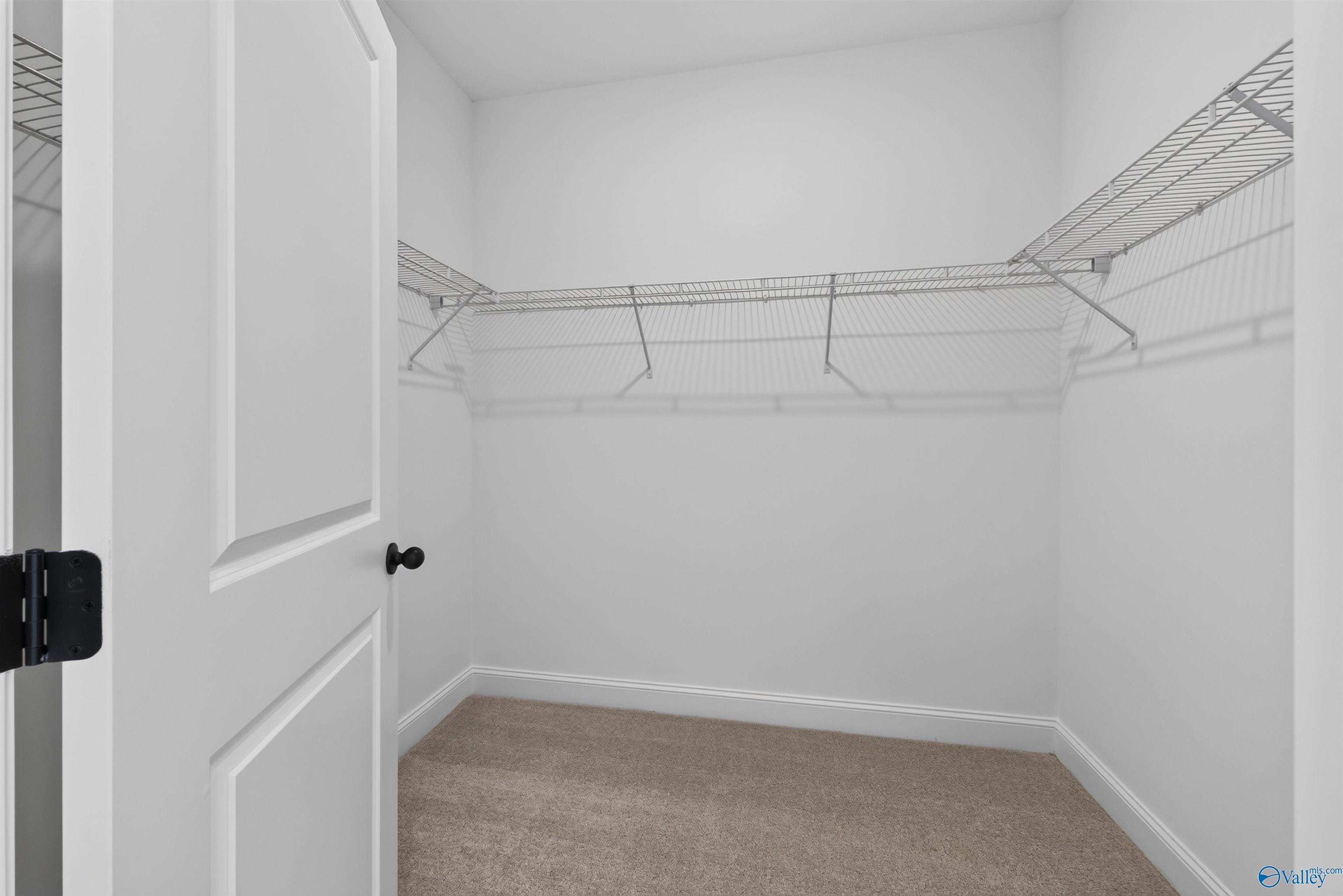 Spacious walk-in closet with wire shelving and carpet flooring in Davidson Homes Ashport L plan, Berry Cove, New Market, AL