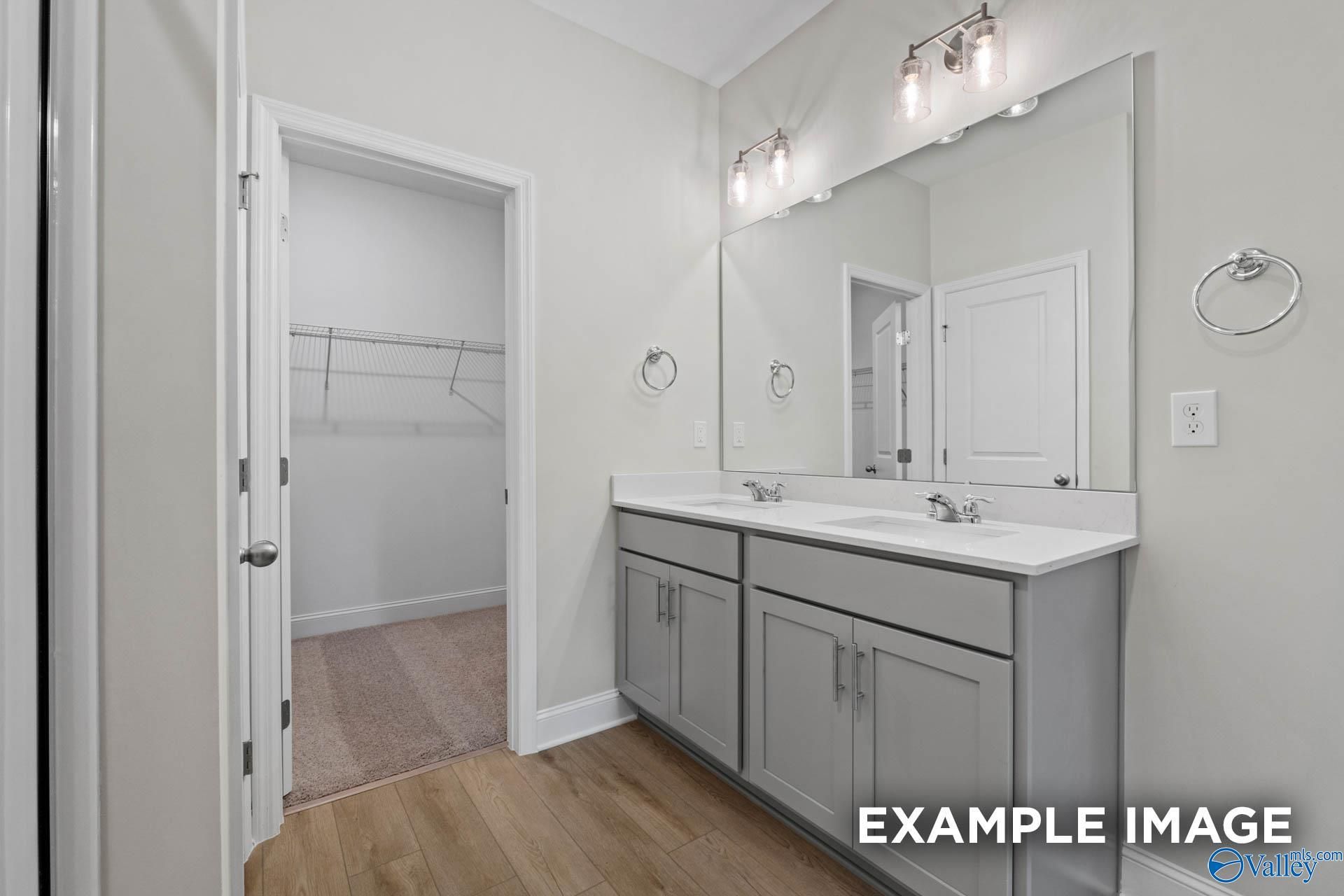 Modern master bath with double vanity, gray cabinets, quartz counters, and adjacent walk-in closet in Davidson Homes Franklin C, Toney, Alabama